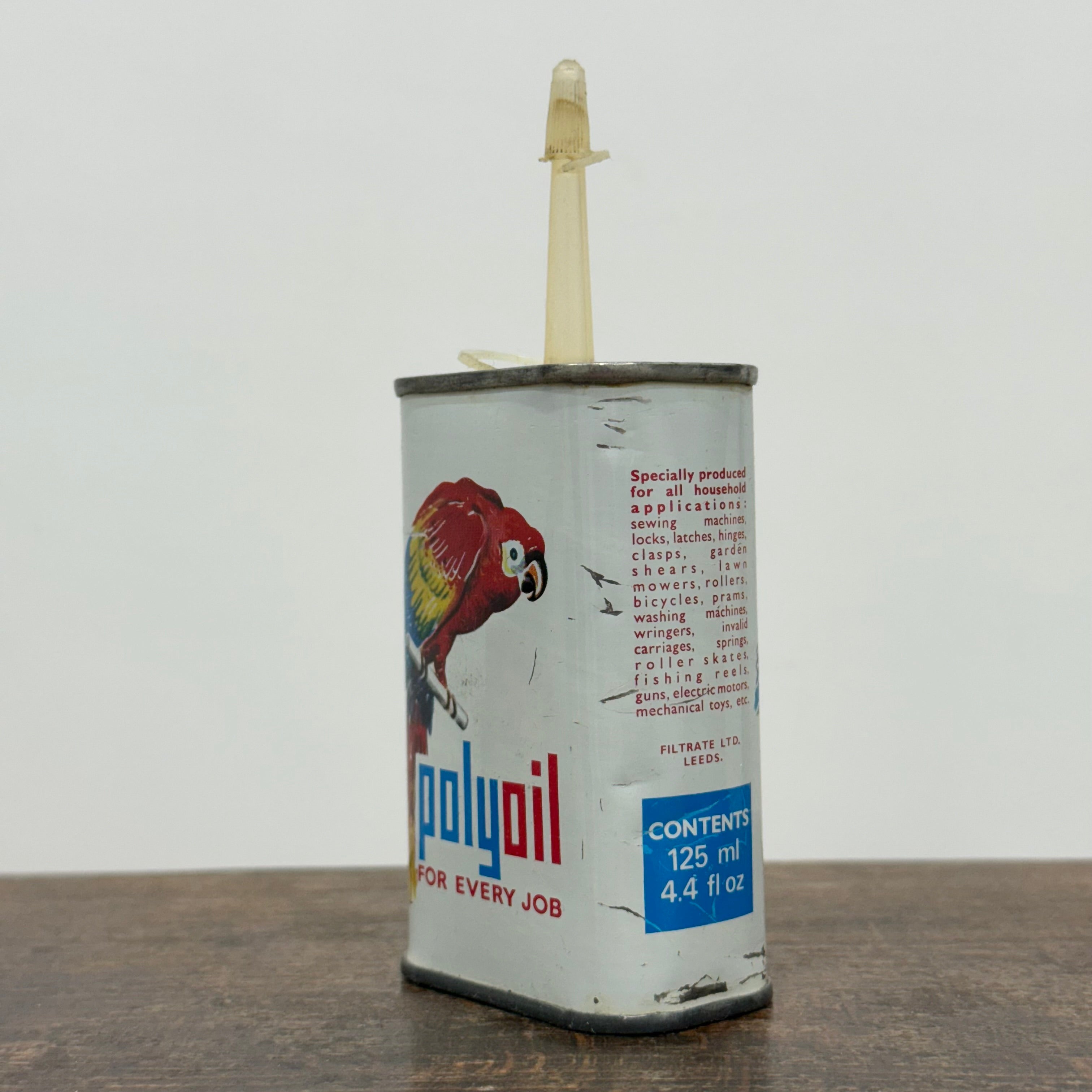 Vintage PolyOil Oiler Tin Filtrate Leeds Parrot Logo Cycle Machinery Oil Can