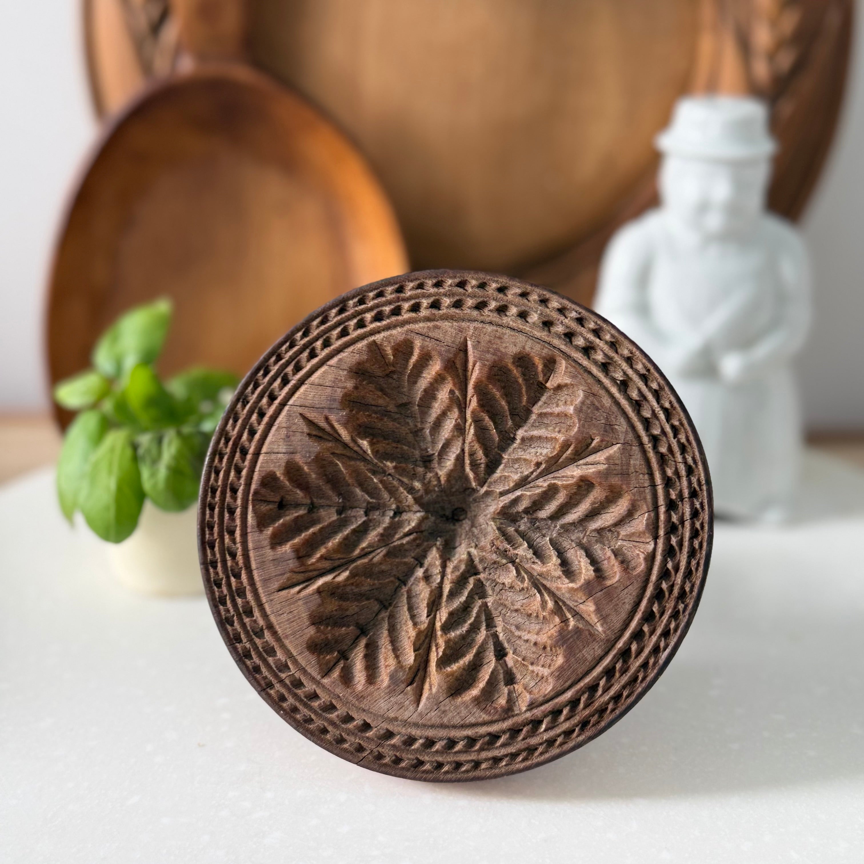 Antique Treen Butter Stamp Leaf Rosette