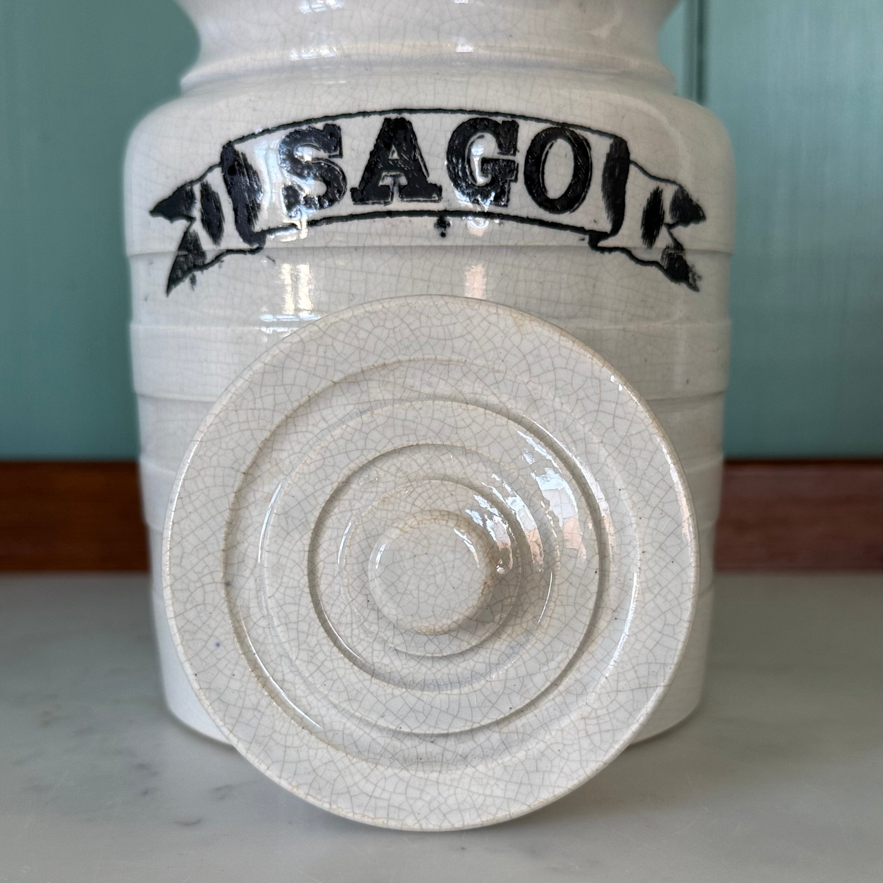 Late Victorian White Ironstone Sago Storage Jar with Ribbon Label