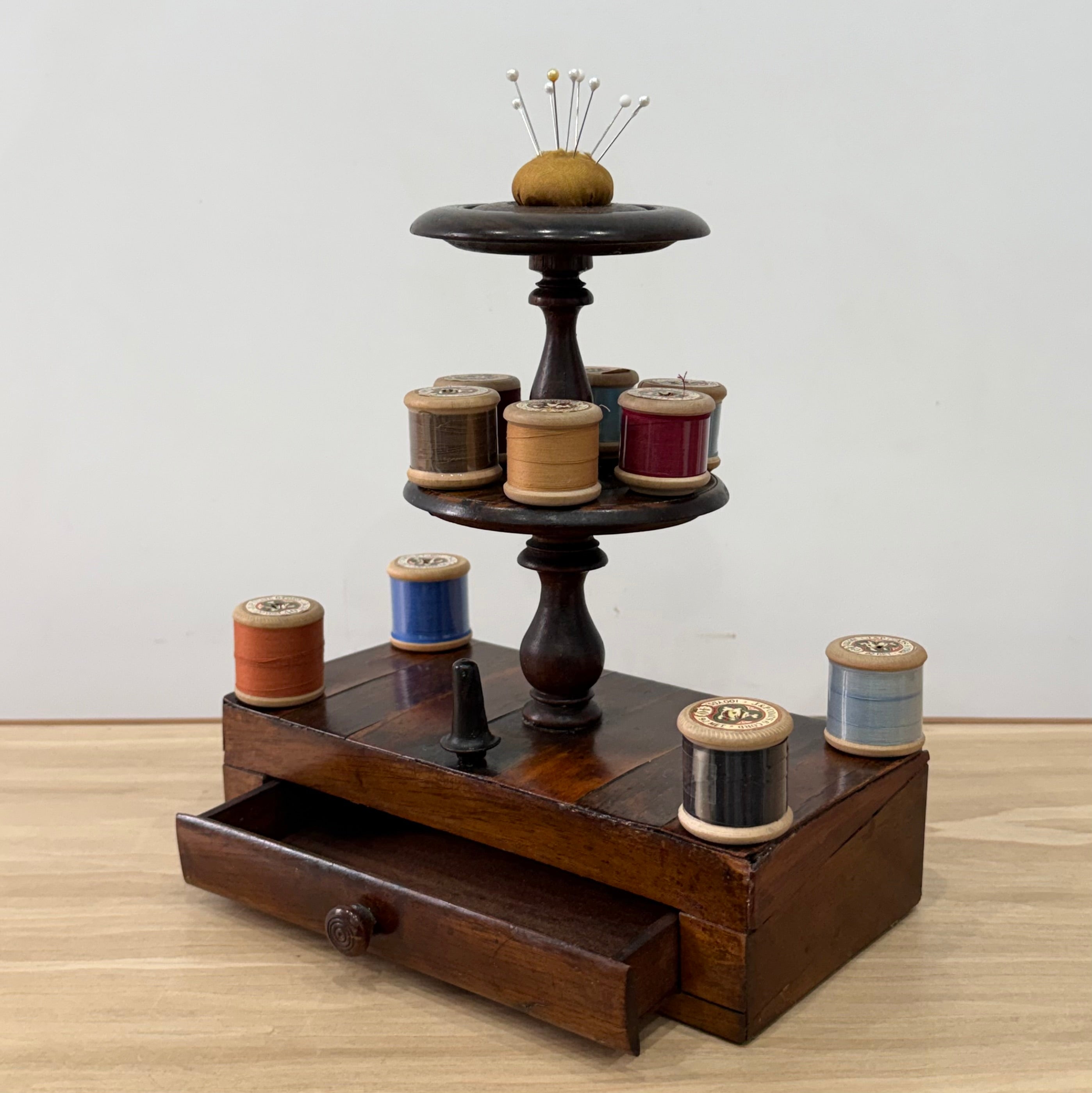 Antique Wooden Thread Spool Stand with Drawer and Silk Pin Cushion