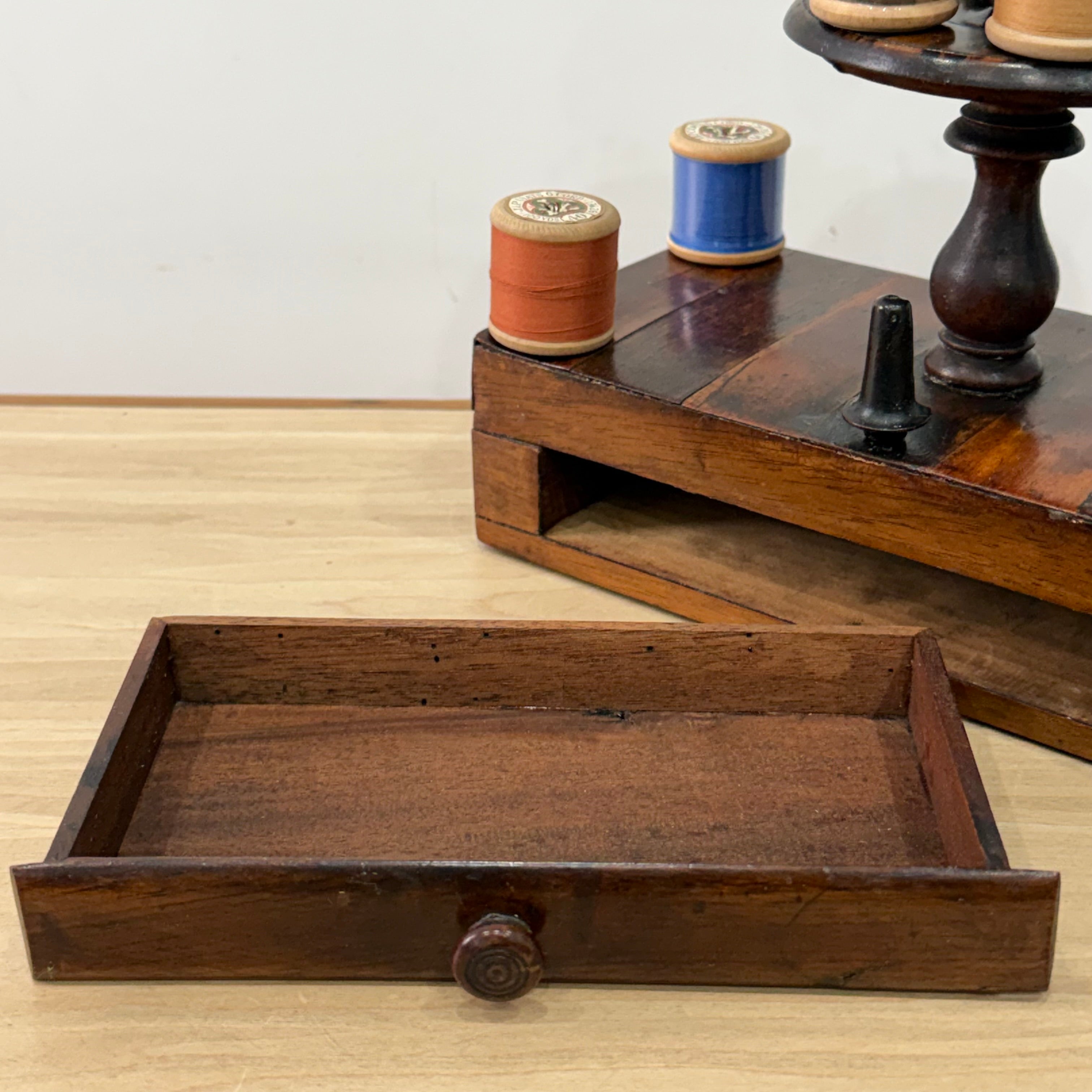 Antique Wooden Thread Spool Stand with Drawer and Silk Pin Cushion