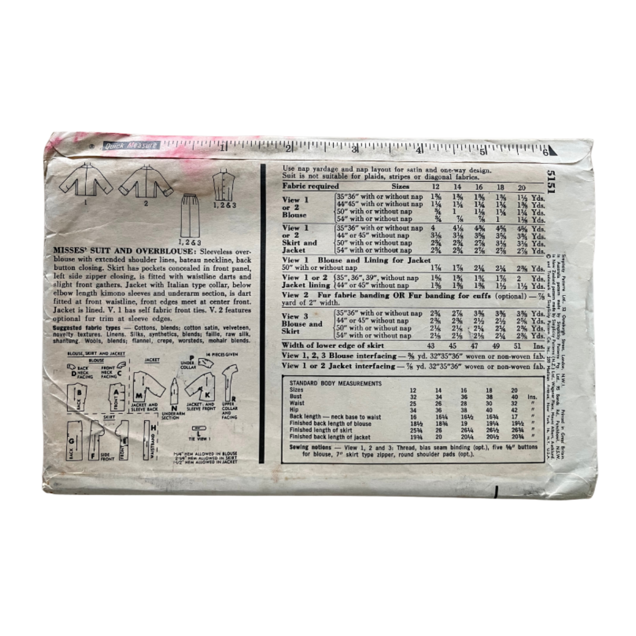 Simplicity 5151 Womens Size 10 Jacket Skirt Blouse FF