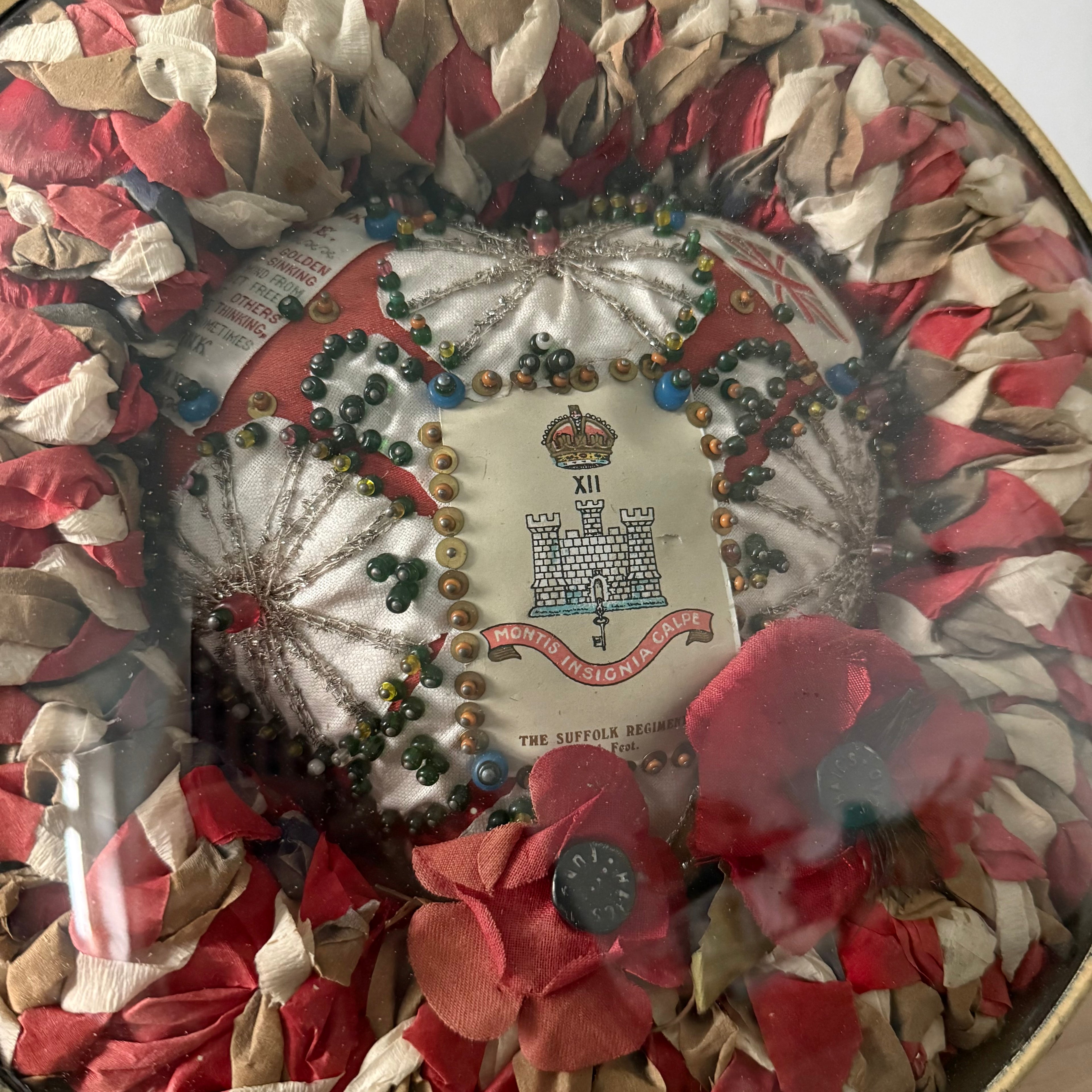 WWI Suffolk Regiment Sweetheart Wreath & Pin Cushion in 1937 Frame