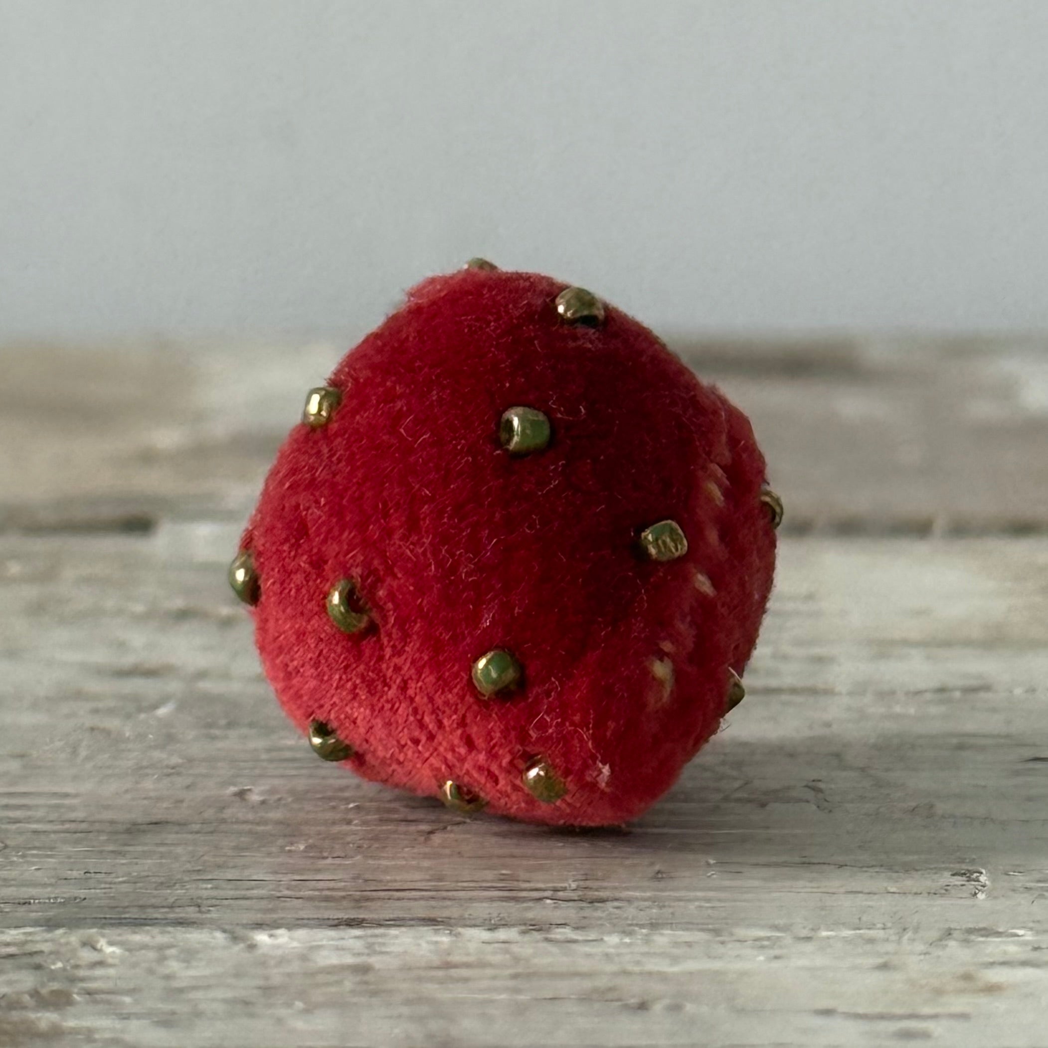 Antique Velvet Strawberry Pincushion with Metal Beads and Crocheted Flower