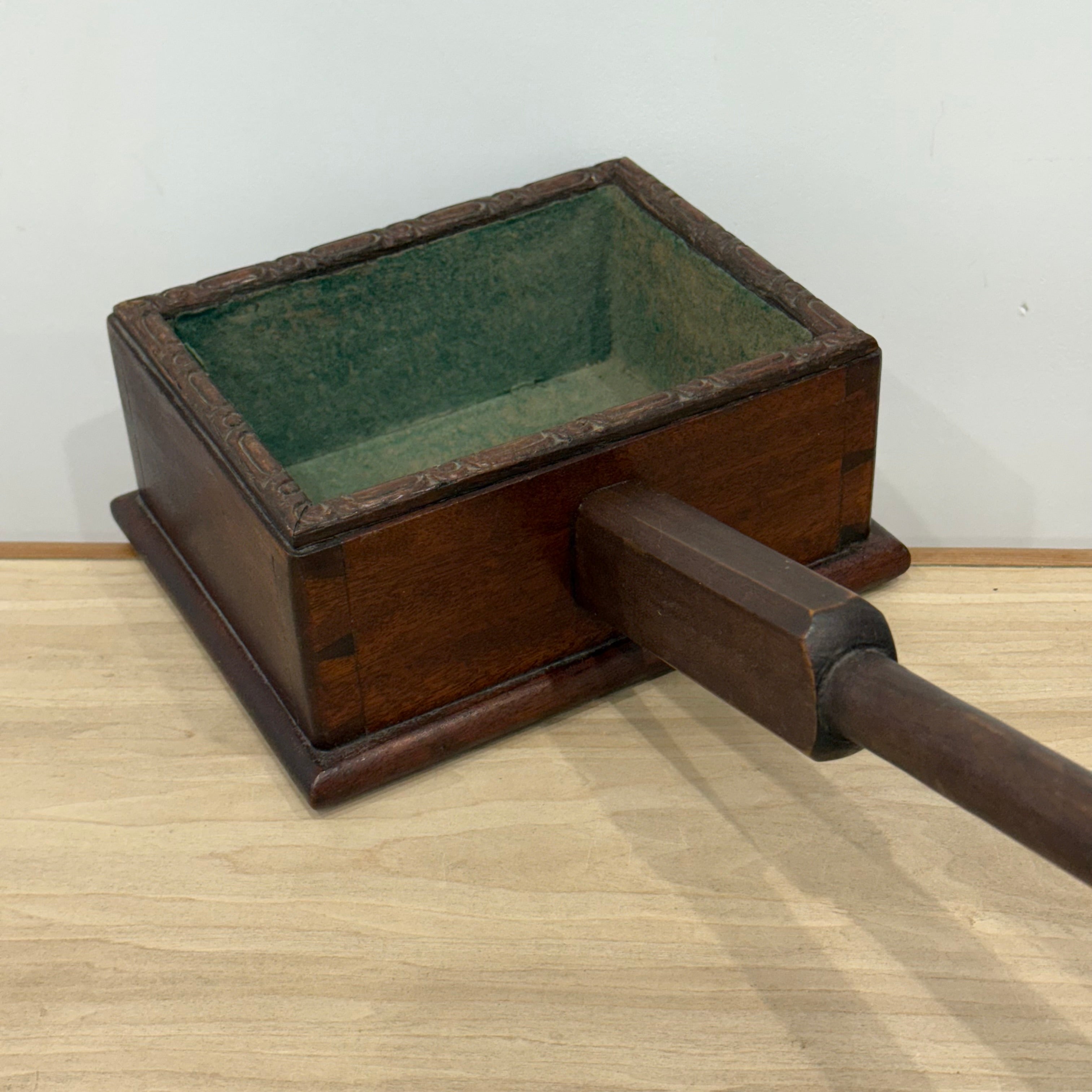 Antique Wooden Church Collection Box on Handle with Green Felt Interior