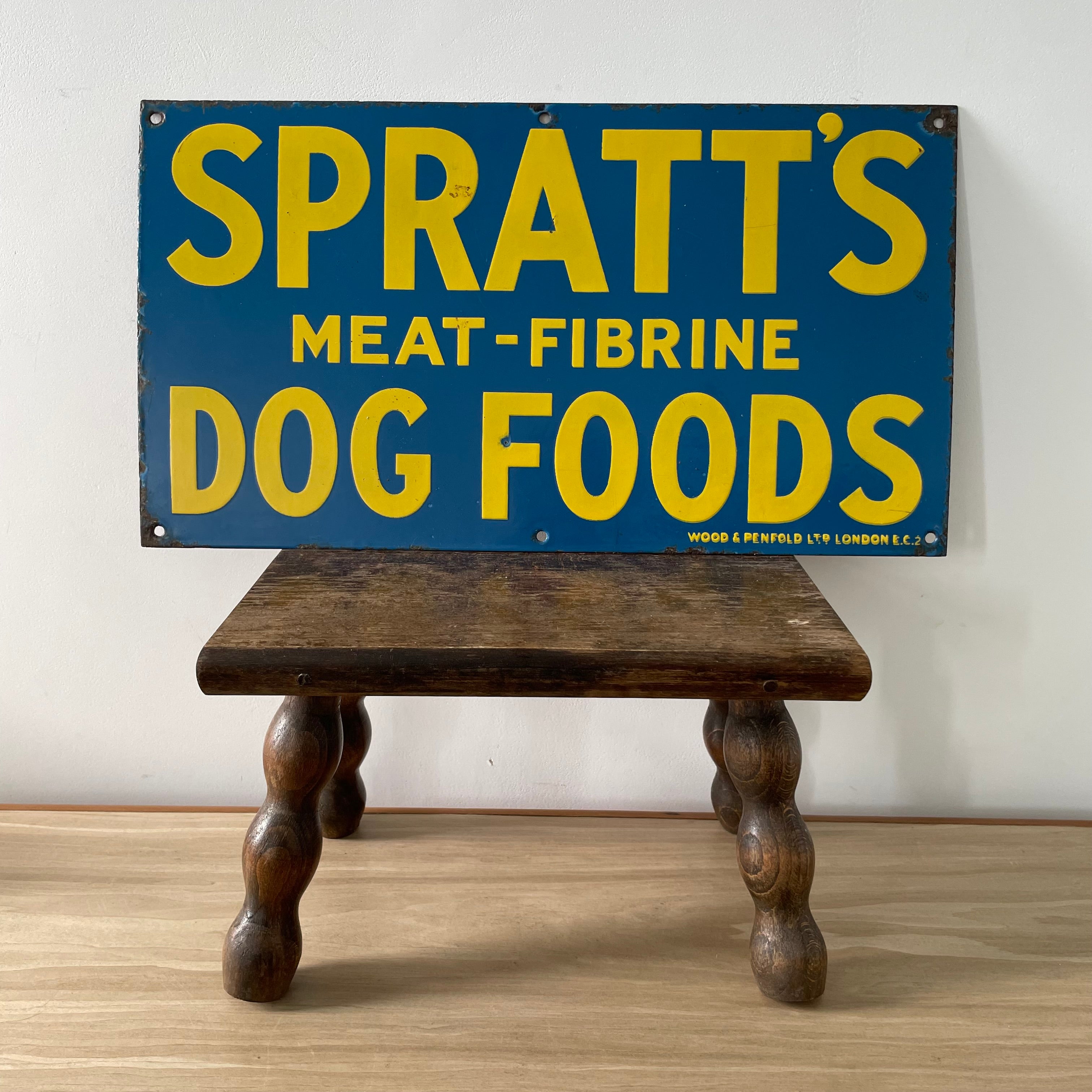 Rare Small Original Spratt’s Meat-Fibrine Dog Foods Enamel Advertising Sign – 20th Century