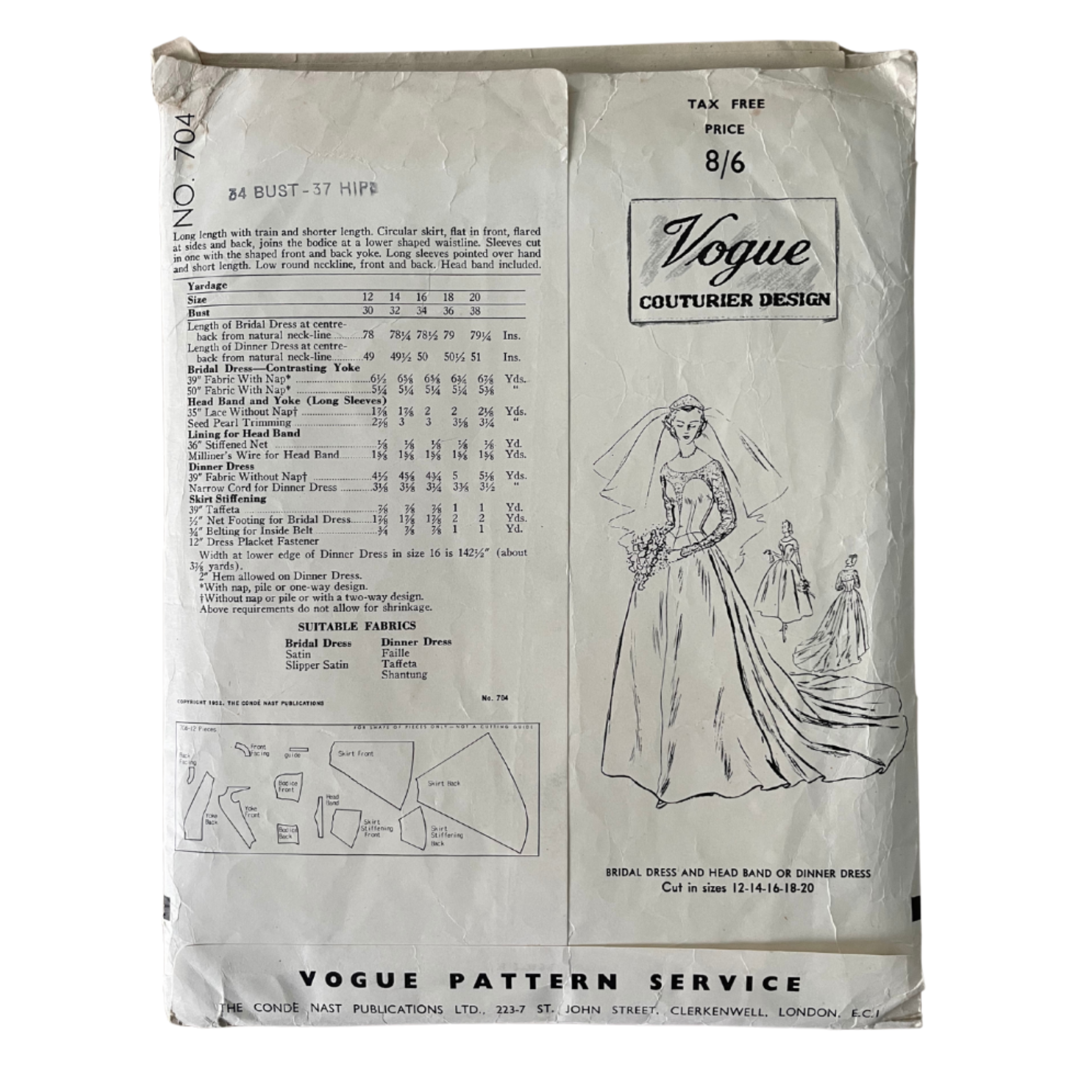 Vogue Couturier 704 Womens Size 10 Wedding Dress Headband