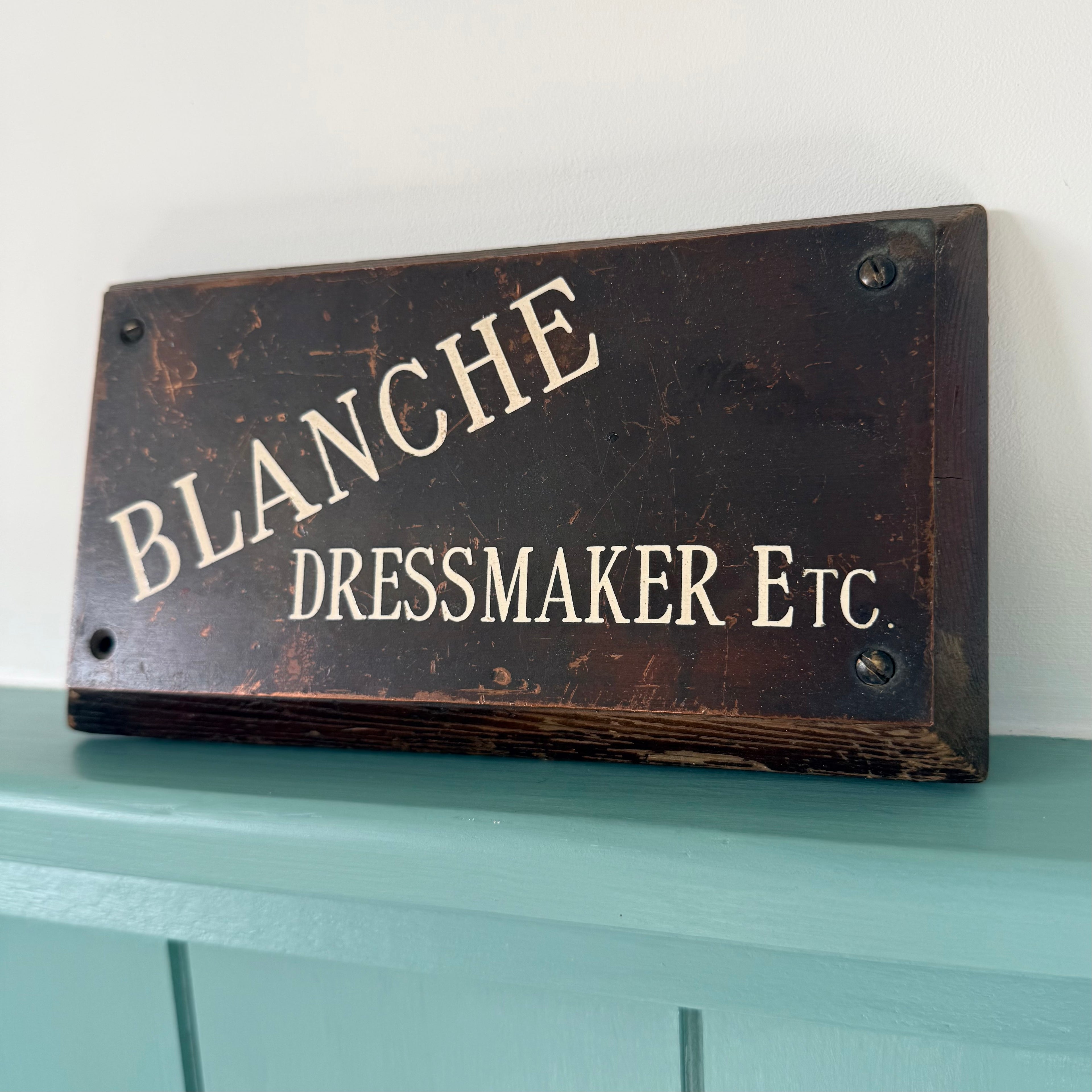 Antique Blanche Dressmaker Bronze Plaque Wooden Shop Sign
