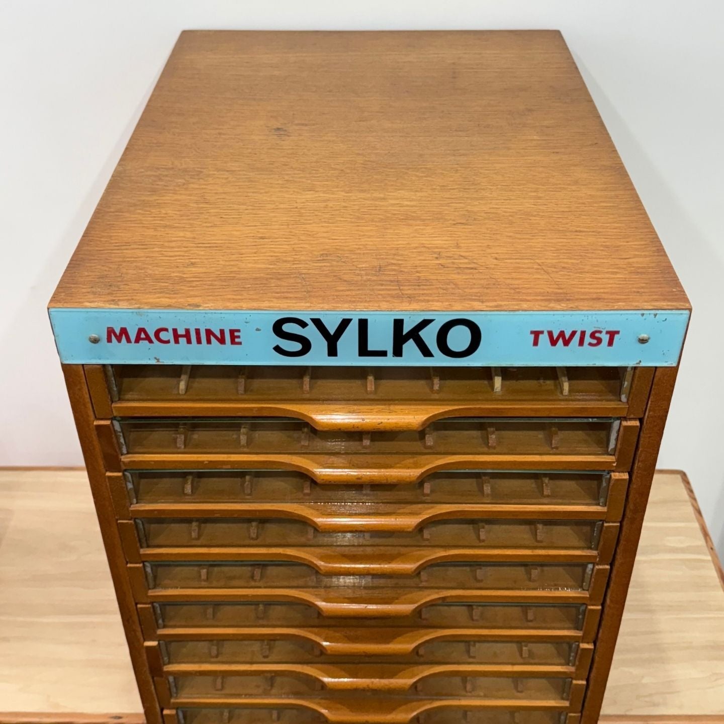 Sylko Machine Twist Oak Haberdashery Cabinet with Glass Drawers