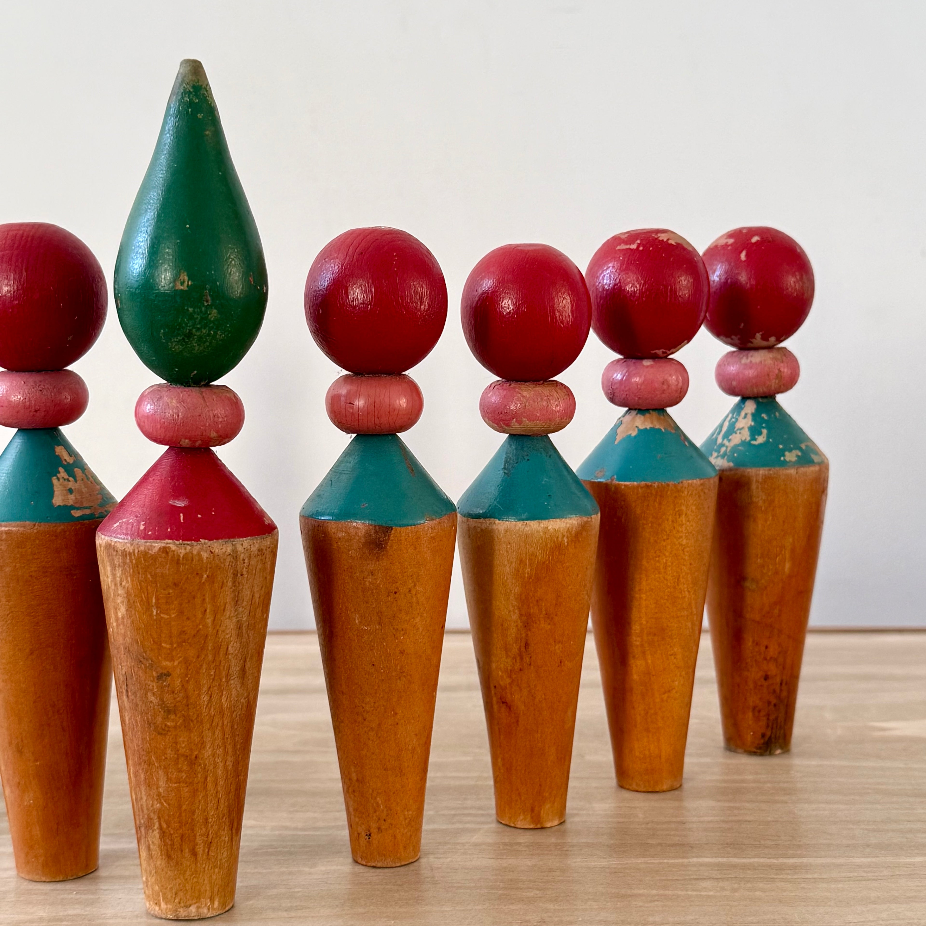 Vintage Wooden Skittles Set Folk Art Toy Display