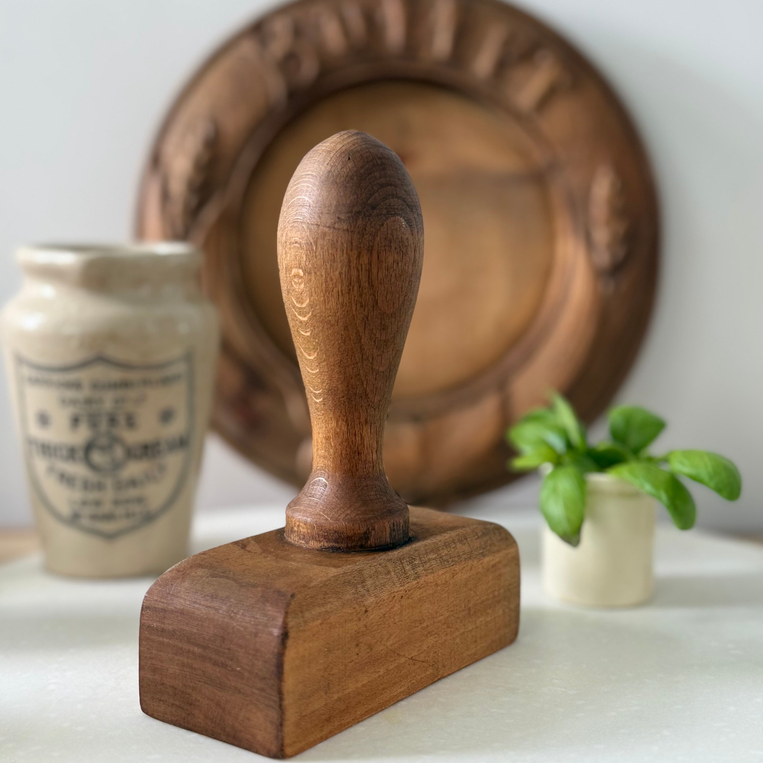 Antique Treen Rectangular Butter Stamp Floral