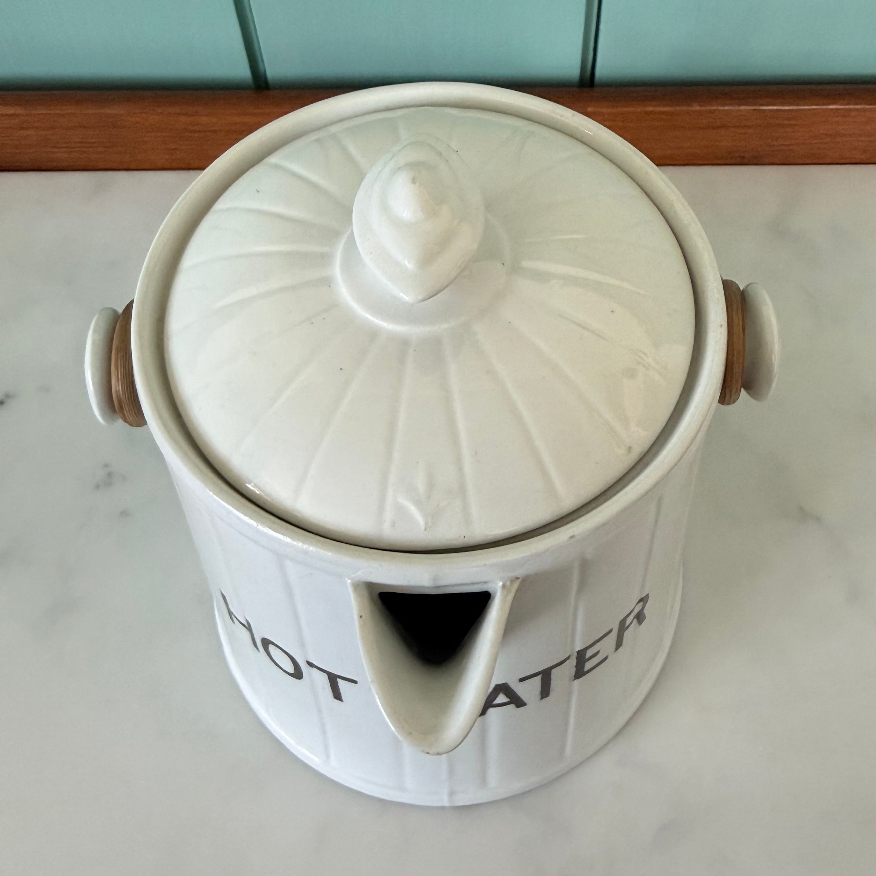 Antique Edwardian White Ironstone HOT WATER Jug Wicker Handle & Lid