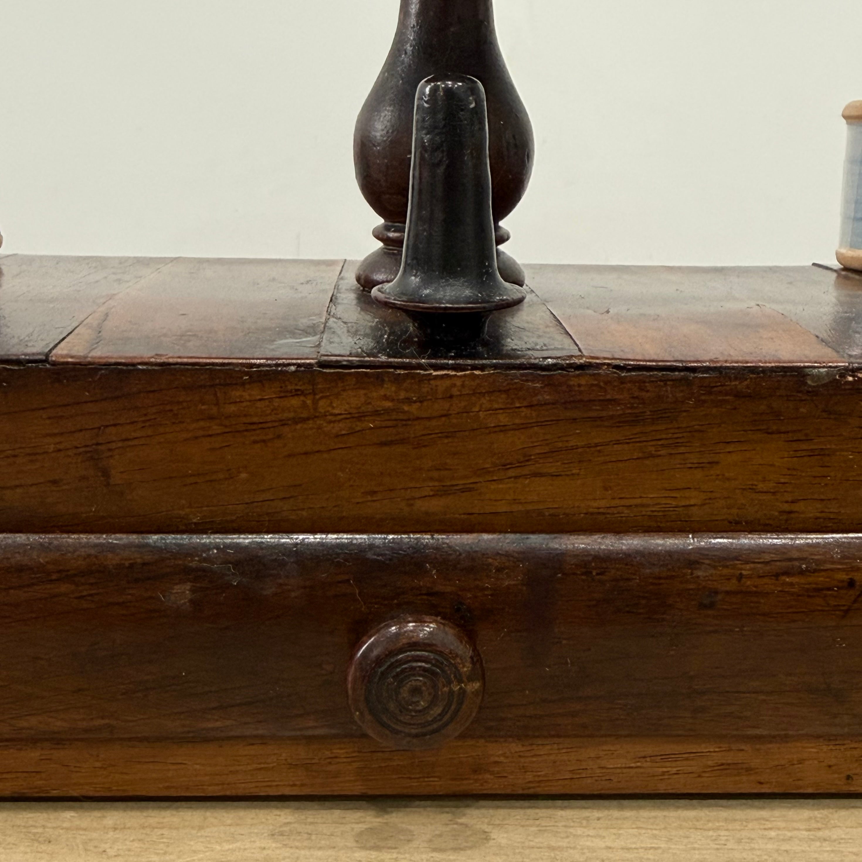 Antique Wooden Thread Spool Stand with Drawer and Silk Pin Cushion