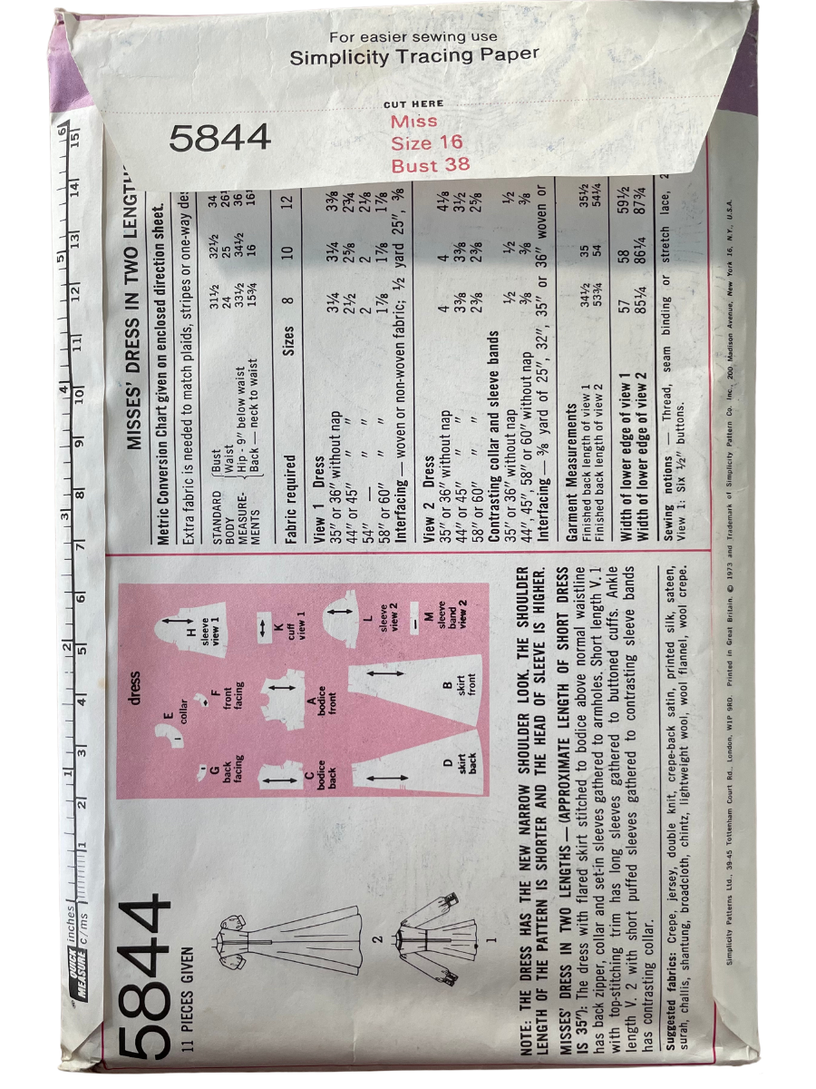 Simplicity 5844 Womens Size 16 Dress