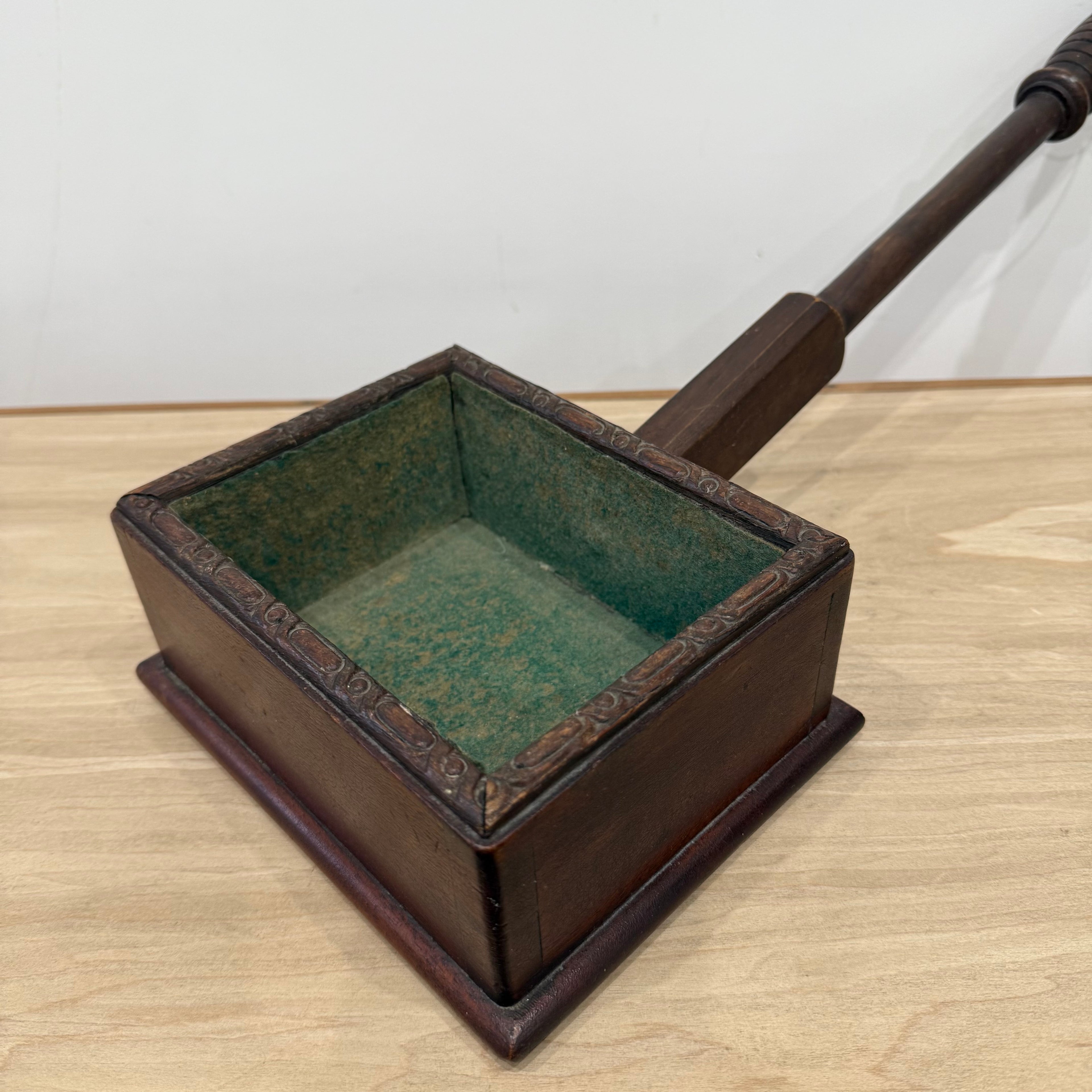 Antique Wooden Church Collection Box on Handle with Green Felt Interior