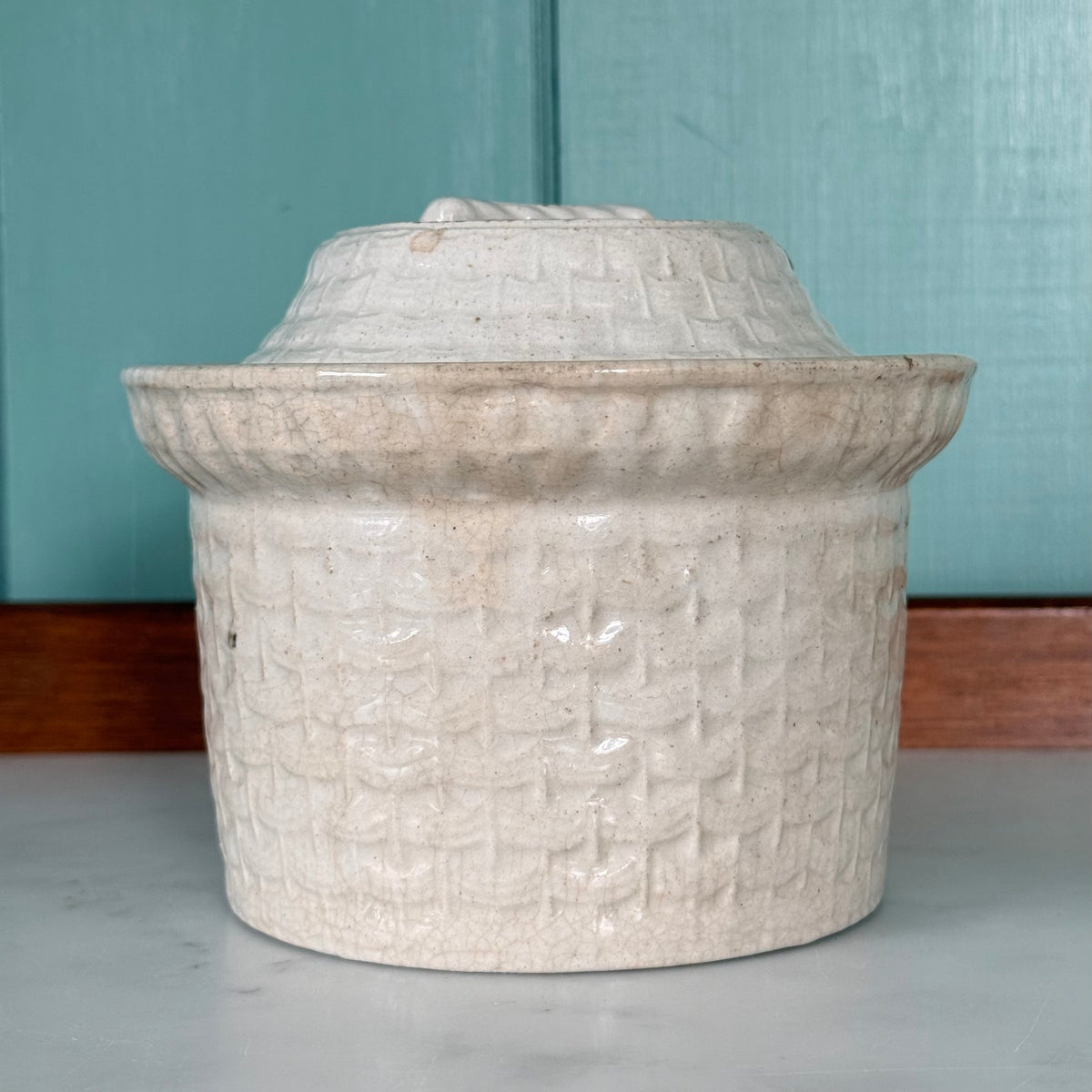 Antique Pottery Butter Crock Dish with Lid c.1900