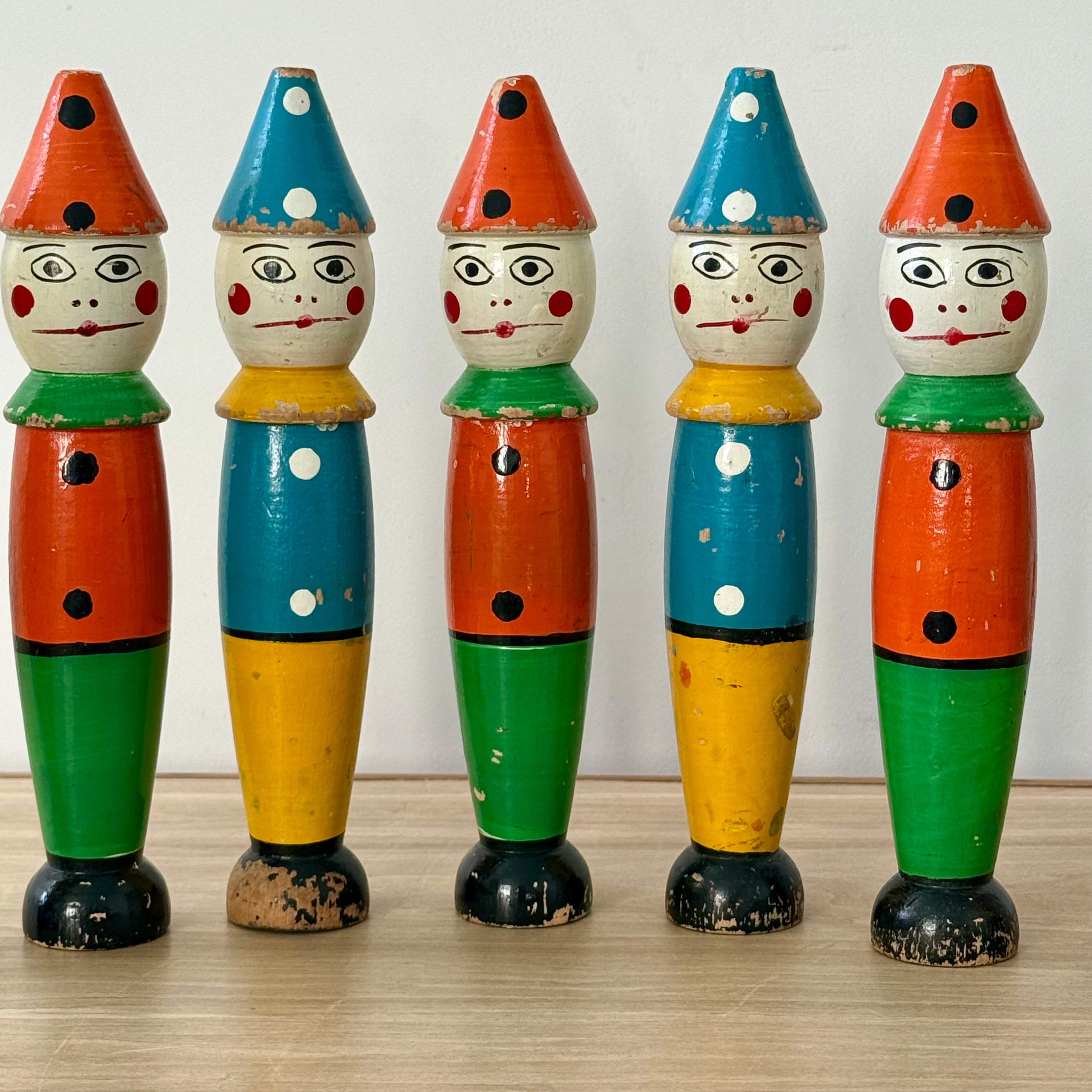 Vintage Wooden Clown Skittles Pins Seven Figures Hand Painted Folk Toy 21cm