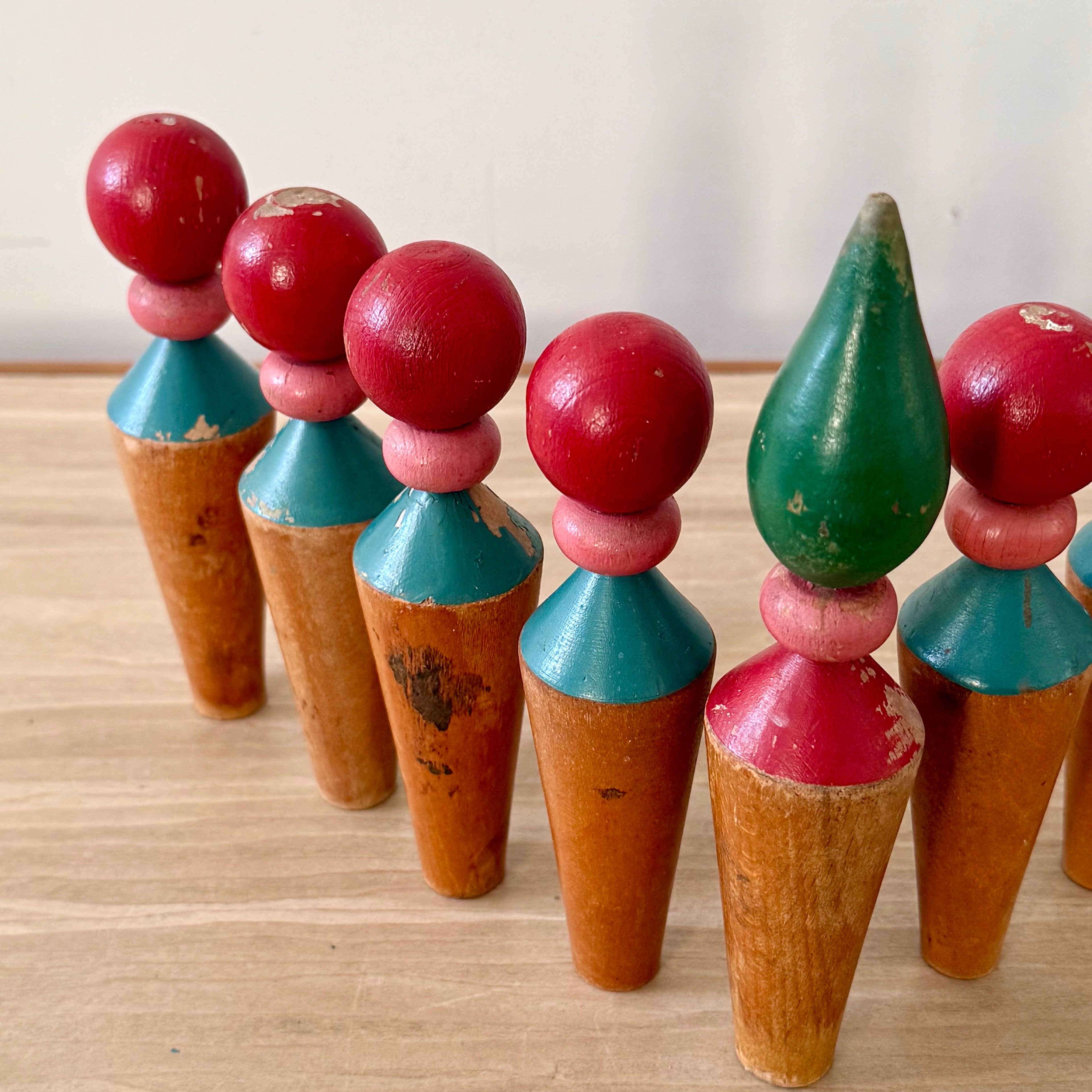 Vintage Wooden Skittles Set Folk Art Toy Display