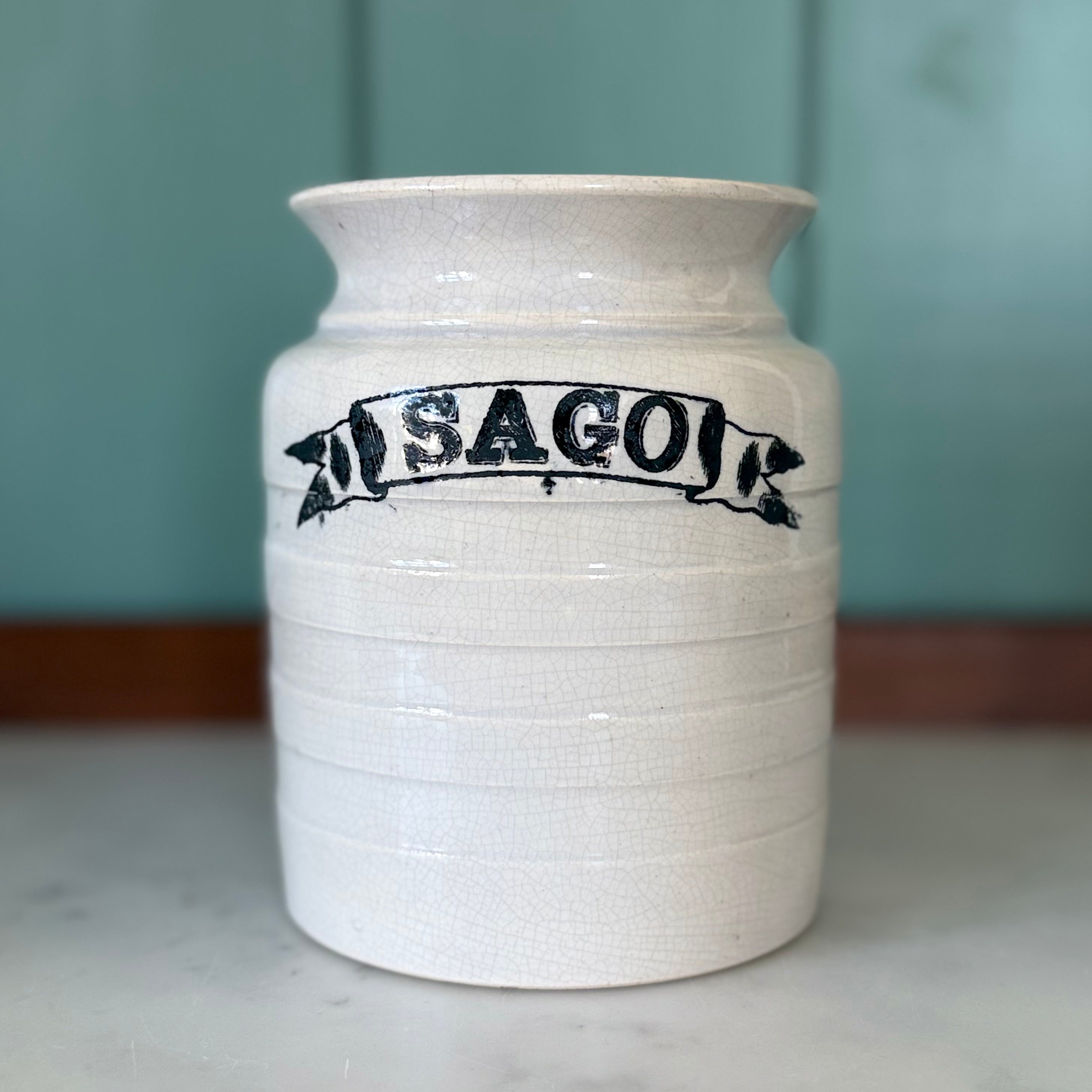 Late Victorian White Ironstone Sago Storage Jar with Ribbon Label