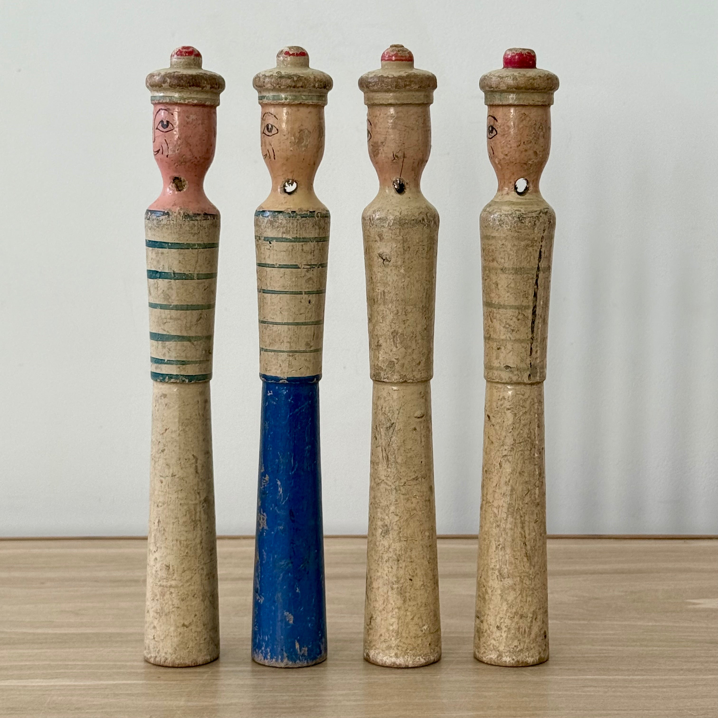 Vintage Wooden Sailor Skittles Pins Four Figures Hand Painted Folk Toy 24cm