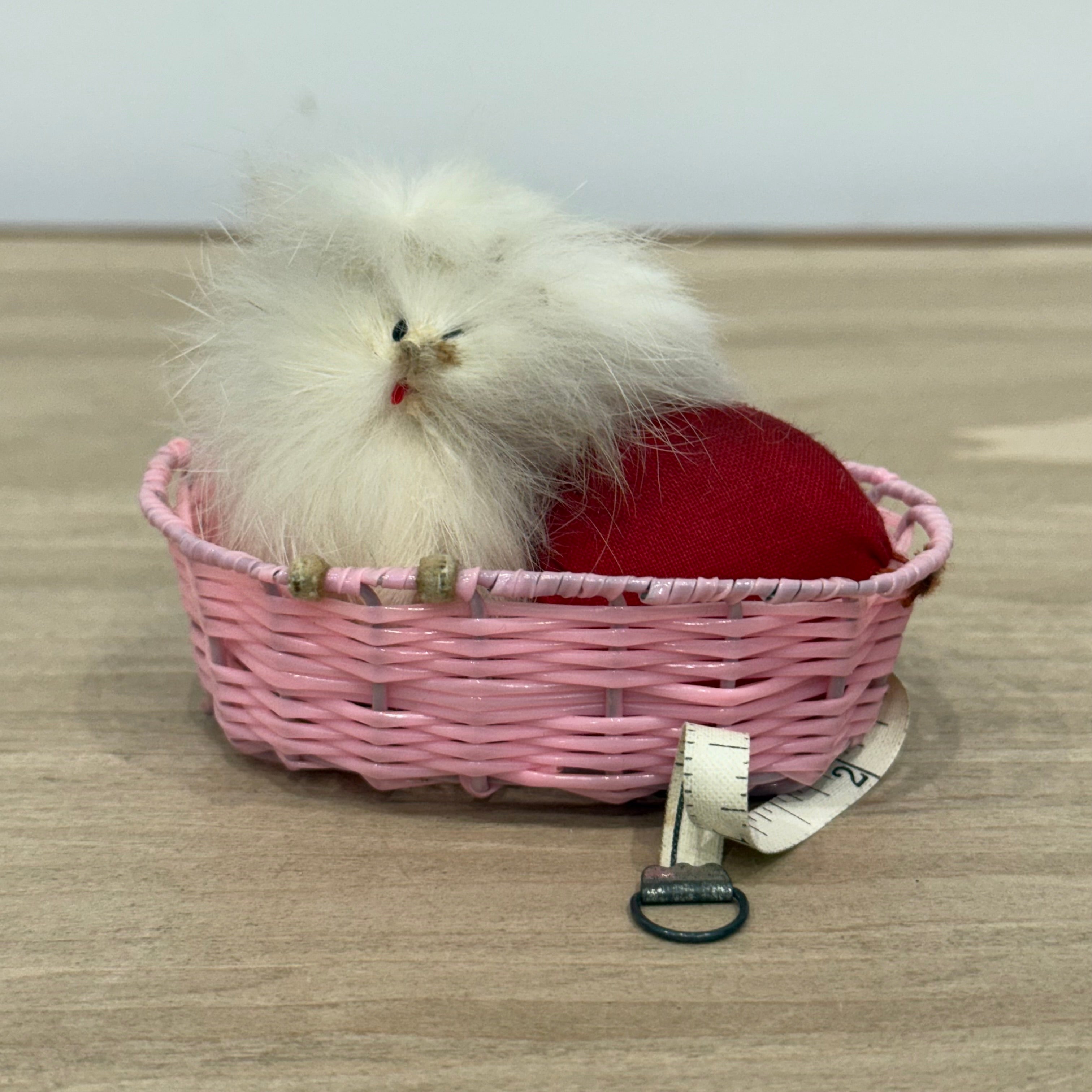 Vintage Dog in Basket Tape Measure & Pincushion, Boxed, Working 36”