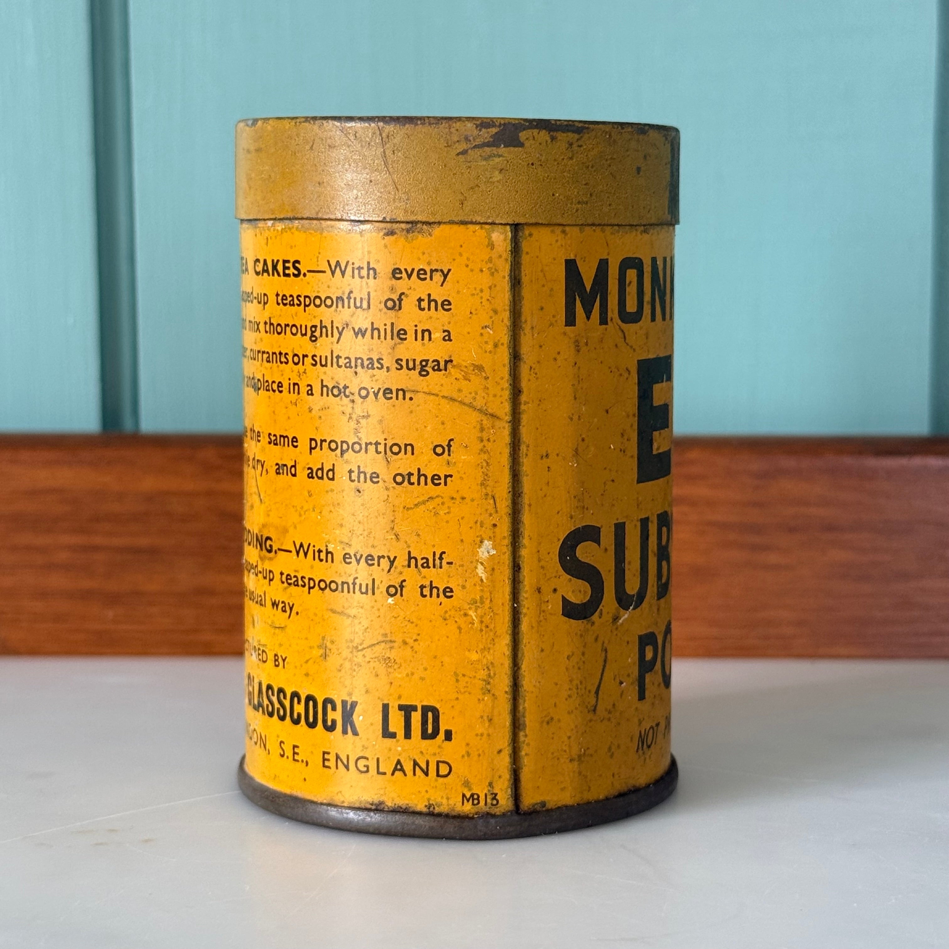 Vintage Monk & Glass Egg Substitute Powder Tin 1930s-40s Kitchen Advertising
