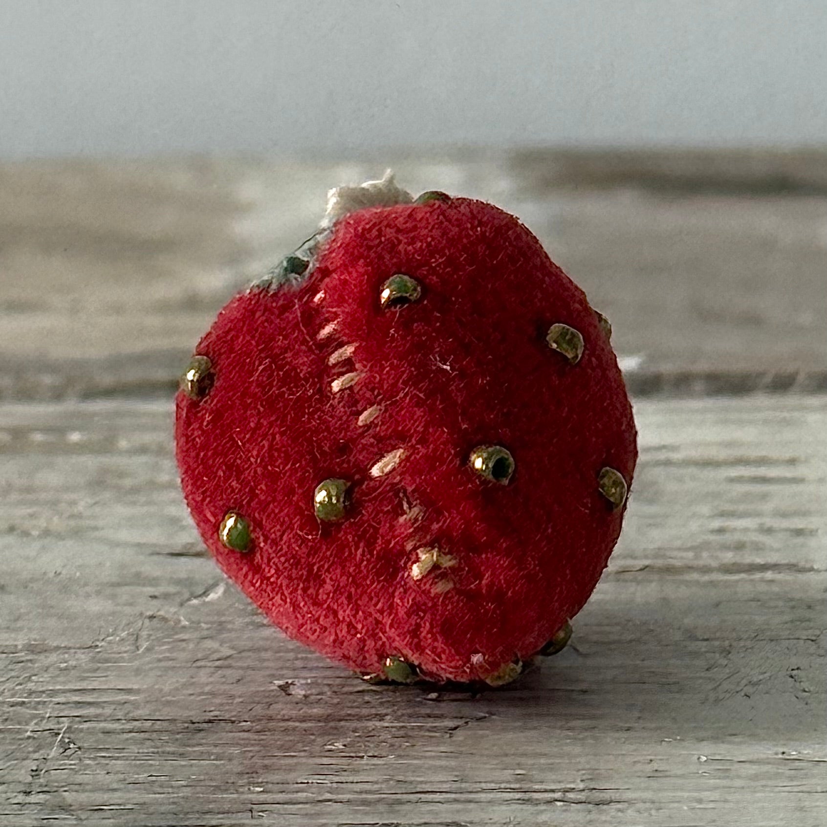 Antique Velvet Strawberry Pincushion with Metal Beads and Crocheted Flower