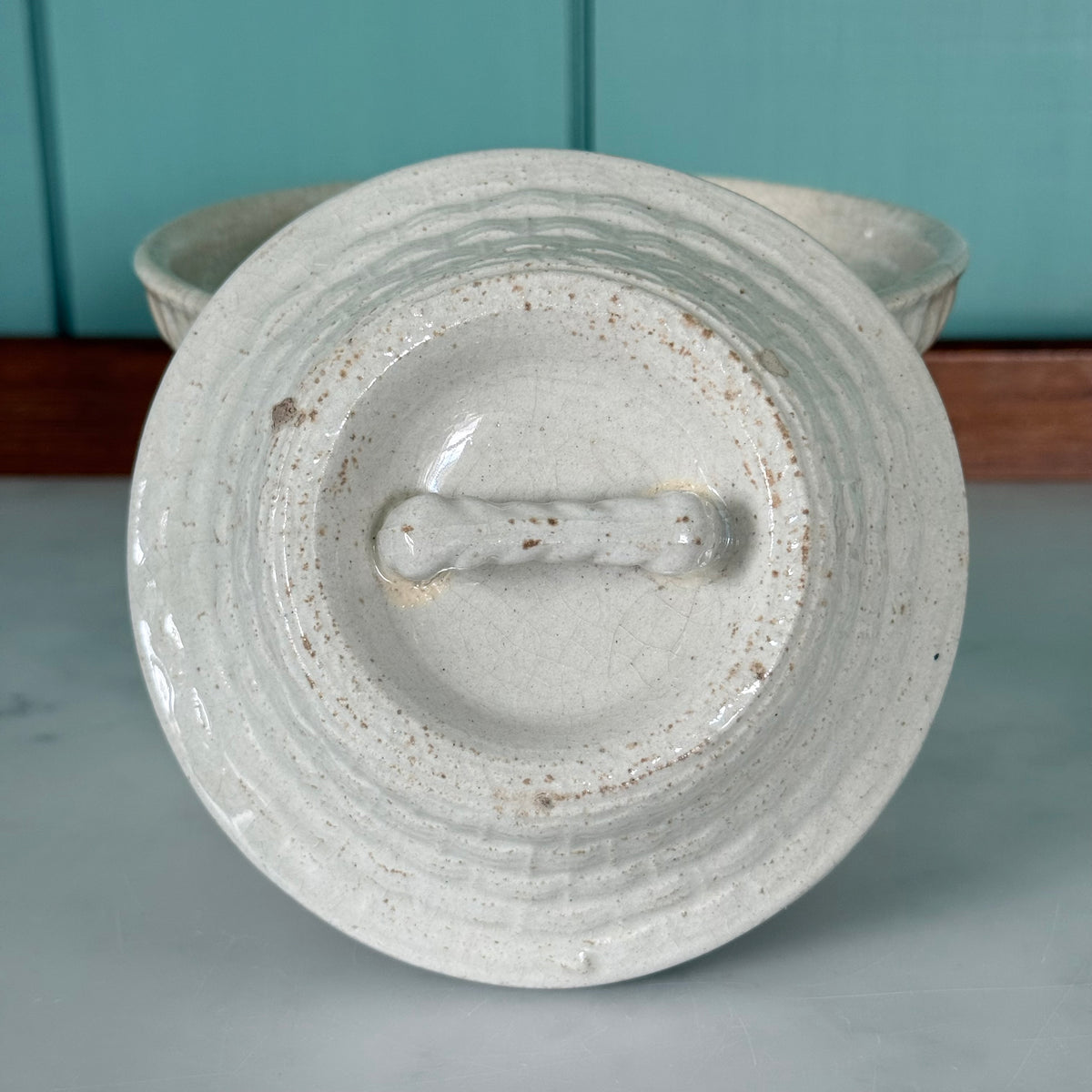 Antique Pottery Butter Crock Dish with Lid c.1900