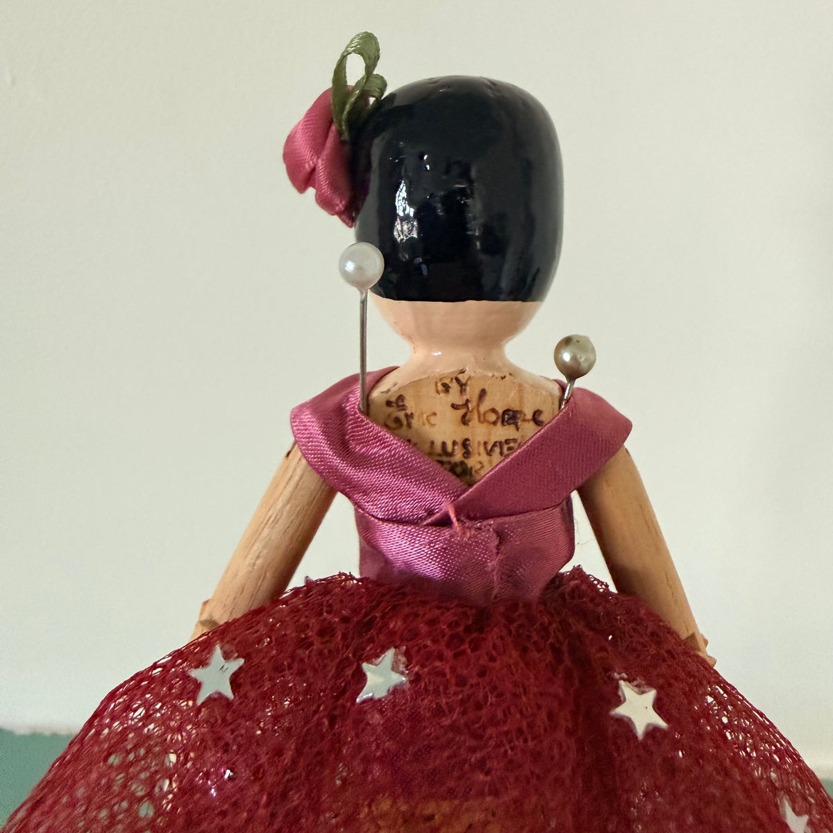 Vintage Eric Horne Wooden Doll in Burgundy Star Dress - 15.5cm
