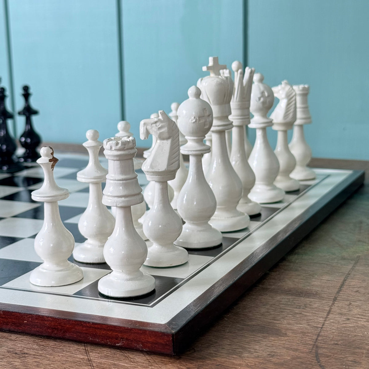 Vintage Chinese Wooden Figural International Chess Set Original Box