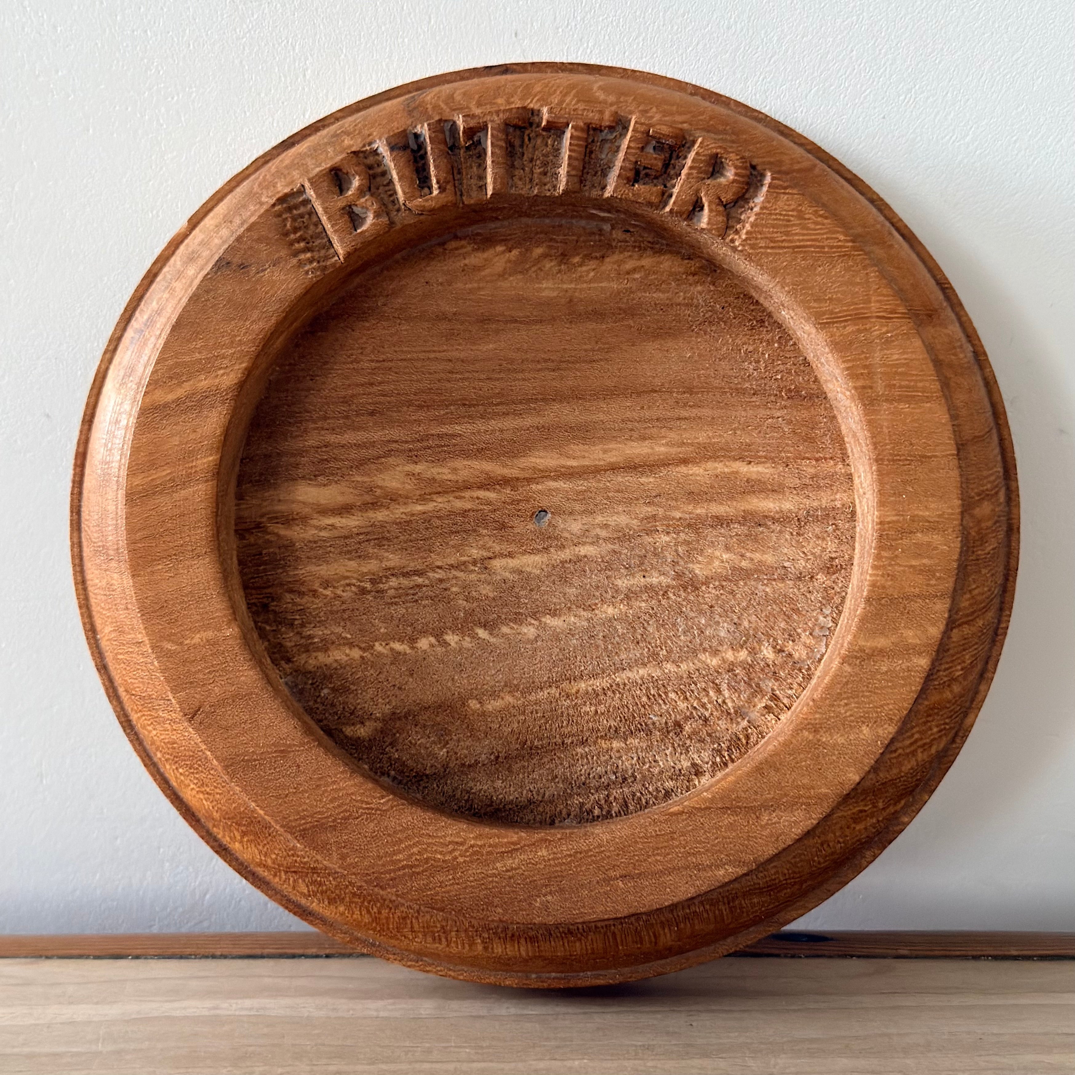 Vintage Wooden Butter Dish Stand with Pressed Glass Insert
