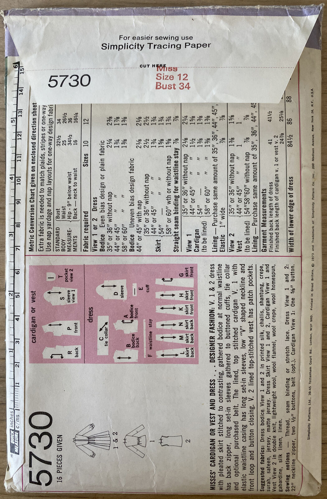 Simplicity 5730 Womens Size 12 Dress Cardigan Vest *