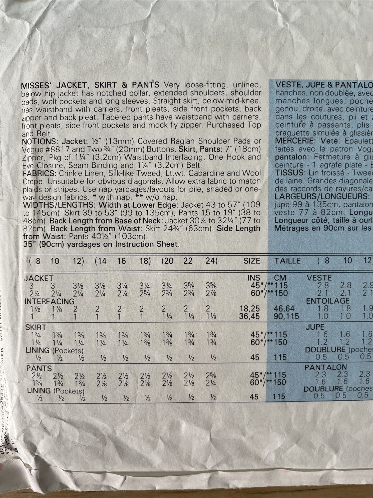 Vogue 2034 Size 8-12 Jacket Skirt Trousers FF