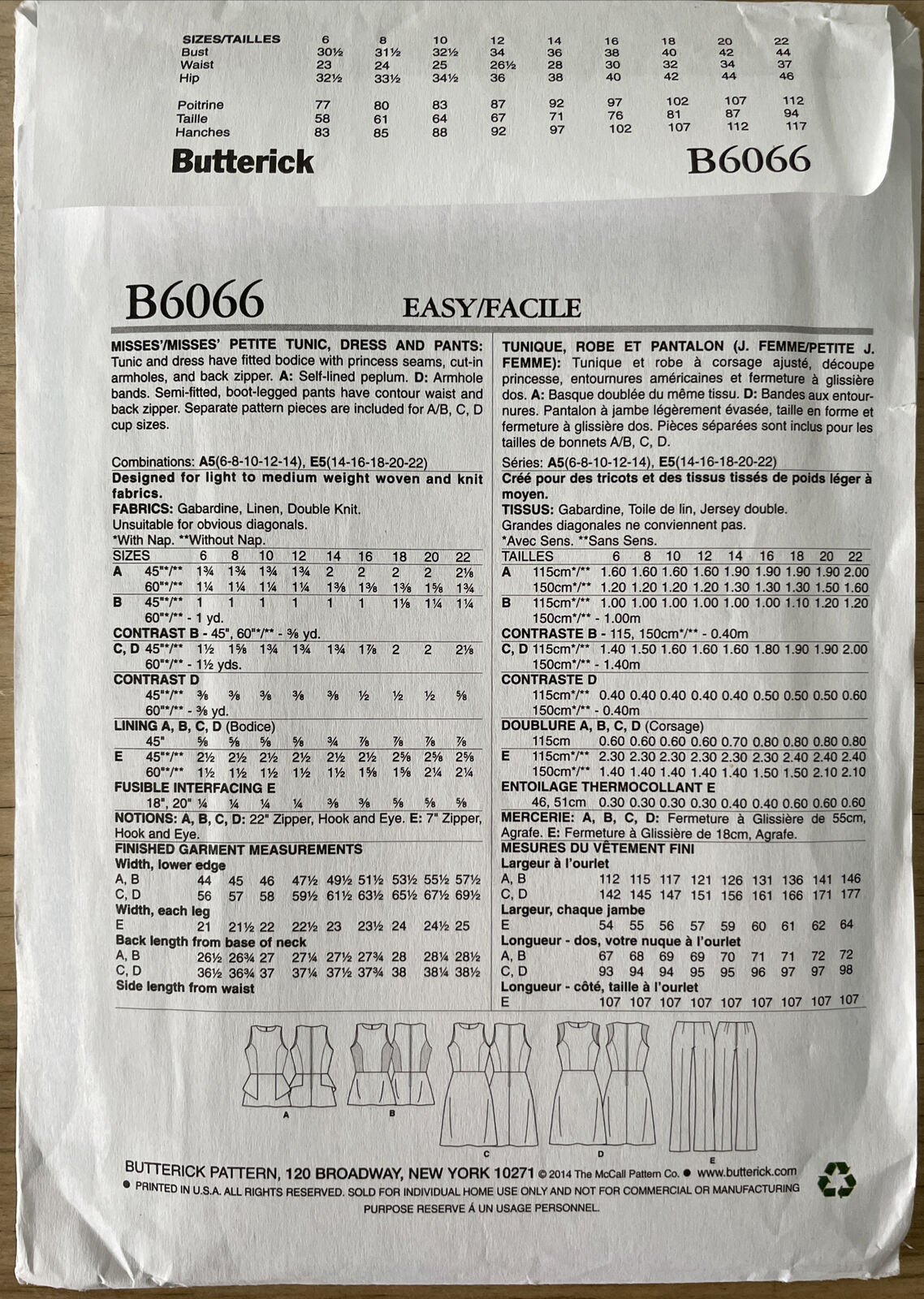 Butterick B6066 Womens Size 6-14 Petite Dress Top Trousers FF