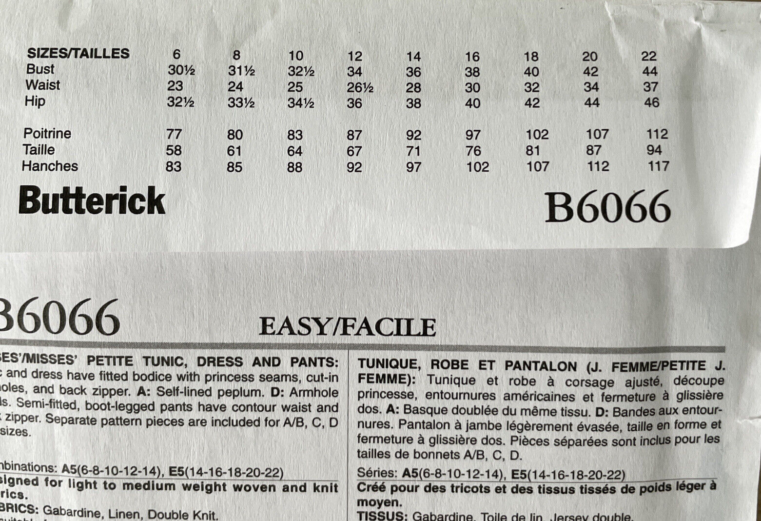 Butterick B6066 Womens Size 6-14 Petite Dress Top Trousers FF