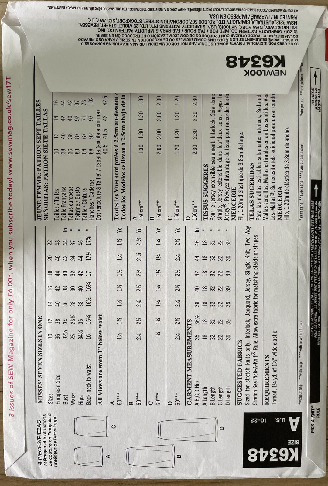 New Look K6348 Womens Size 36-48 EU Skirt *