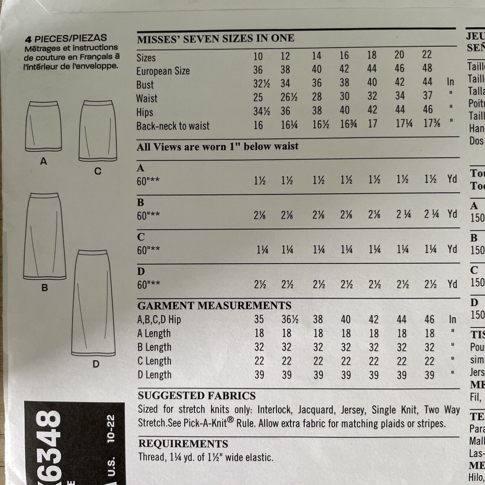 New Look K6348 Womens Size 36-48 EU Skirt *