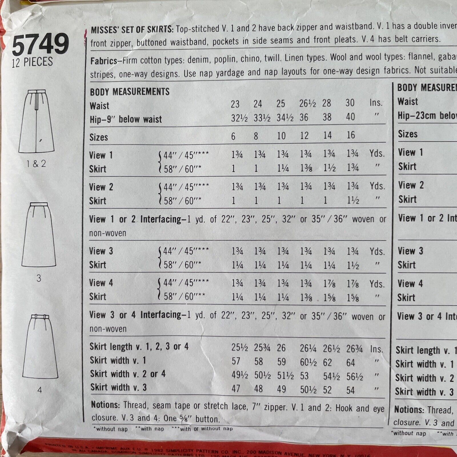 Simplicity 5749 Womens Size 14 Skirt *