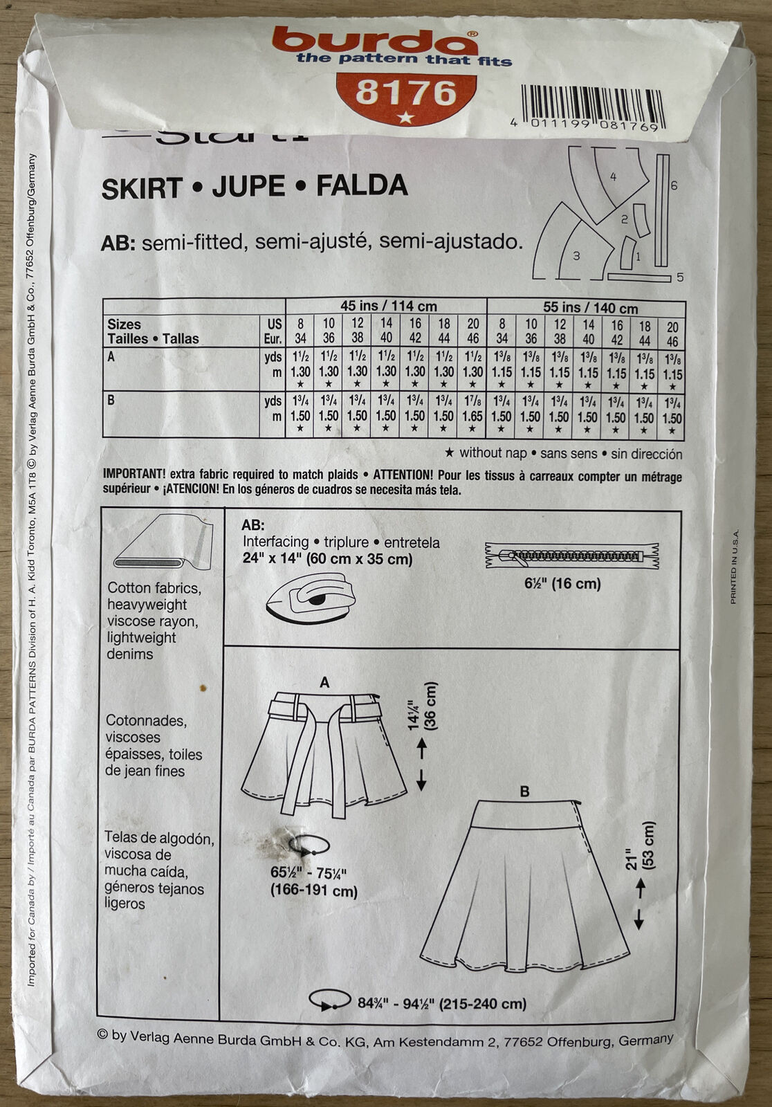 Burda 8176 Teen Size 34-46 EU Skirt FF *
