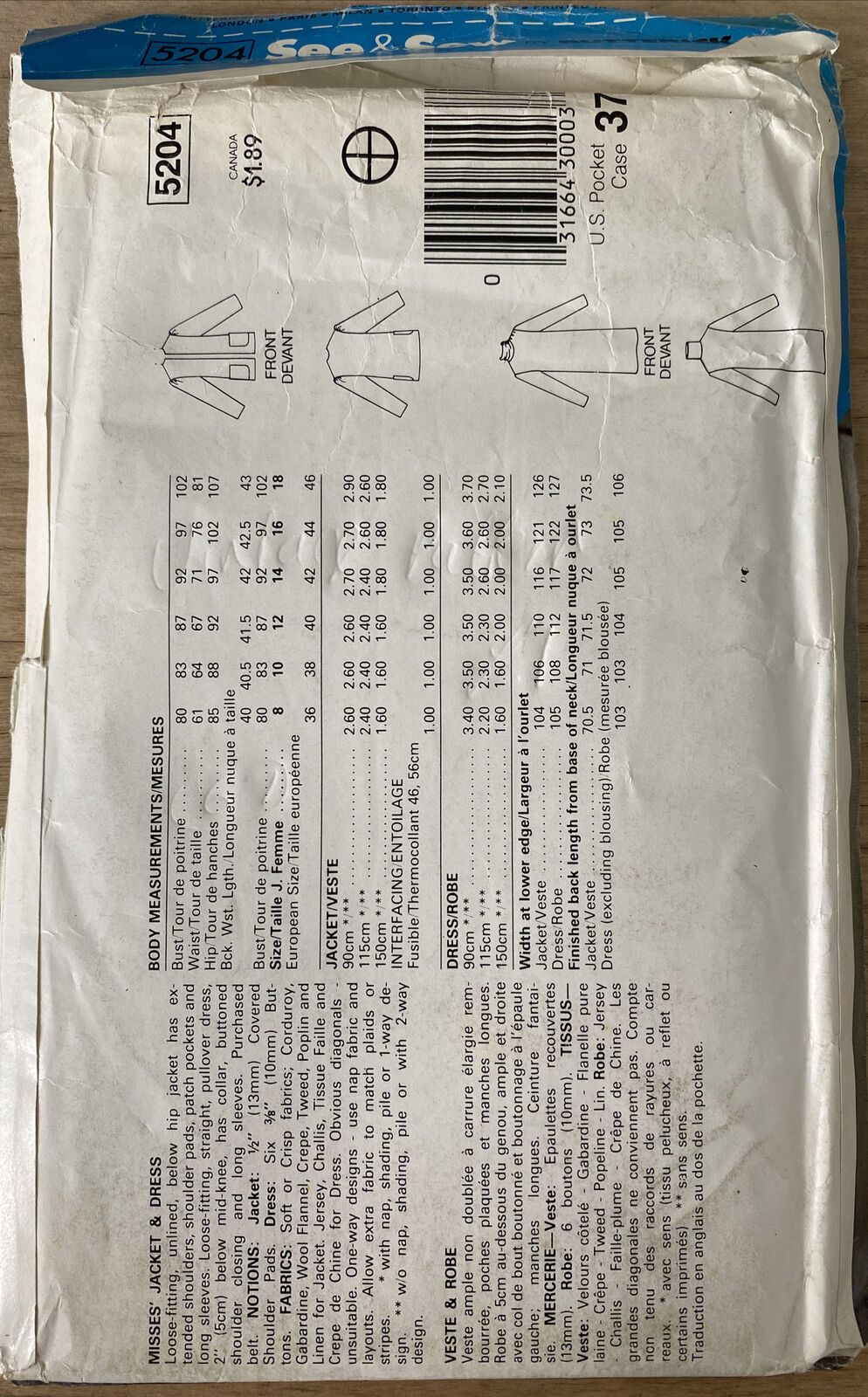 Butterick See & Sew 5204 Womens Size 8- 12 Dress Jacket *