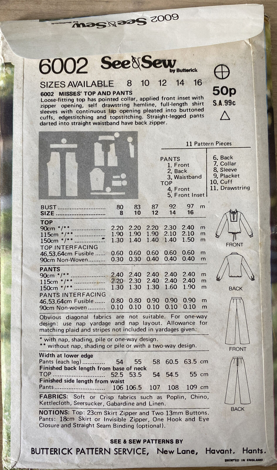 Butterick See & Sew 6002 Womens Size 14 Top Trousers *