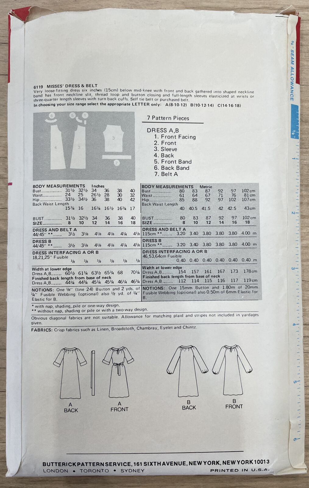 Butterick 6119 Womens Size 8-12 Dress *