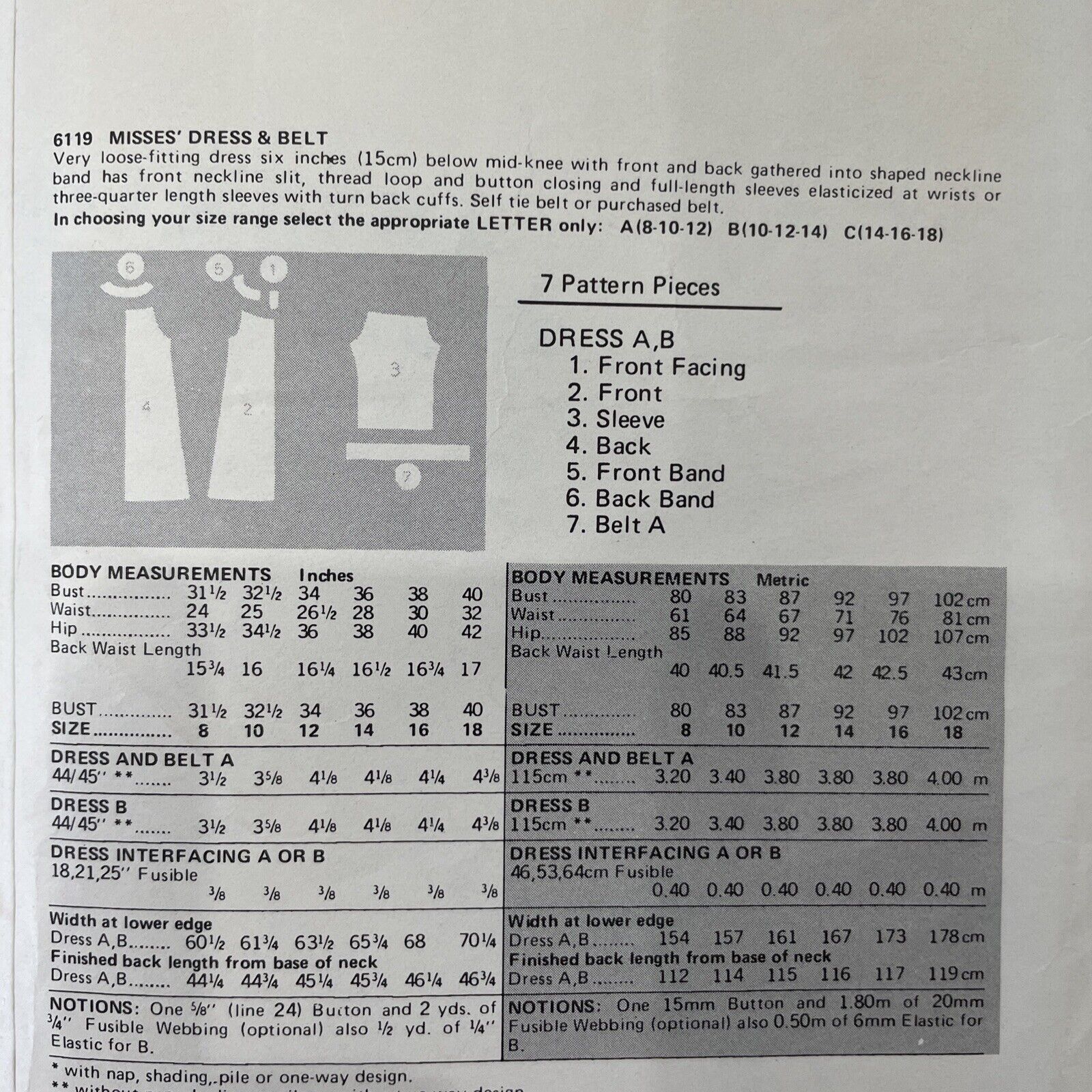 Butterick 6119 Womens Size 8-12 Dress *