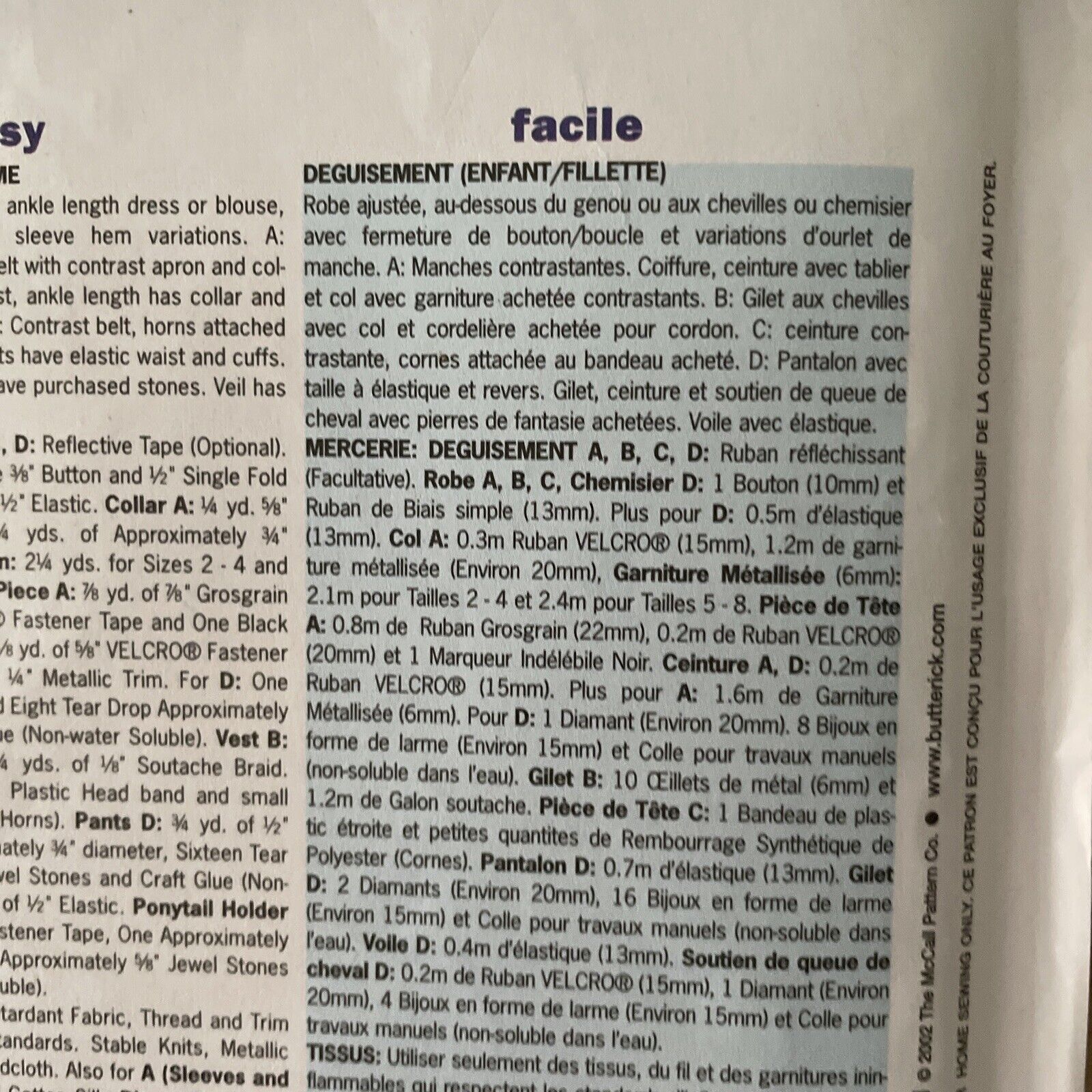 Butterick 3582 Child Size 2-5 Fancy Dress Costume *