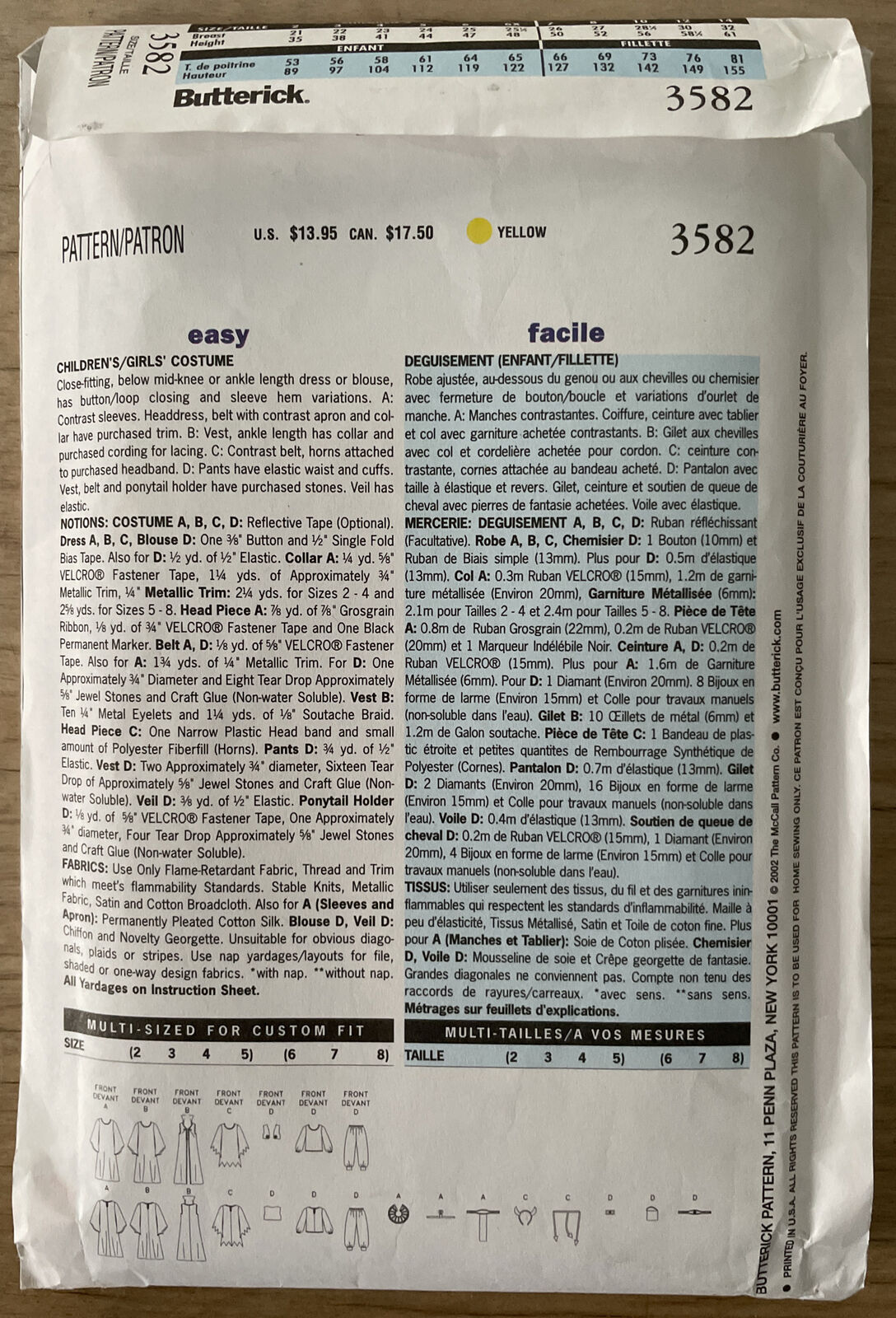 Butterick 3582 Child Size 2-5 Fancy Dress Costume *