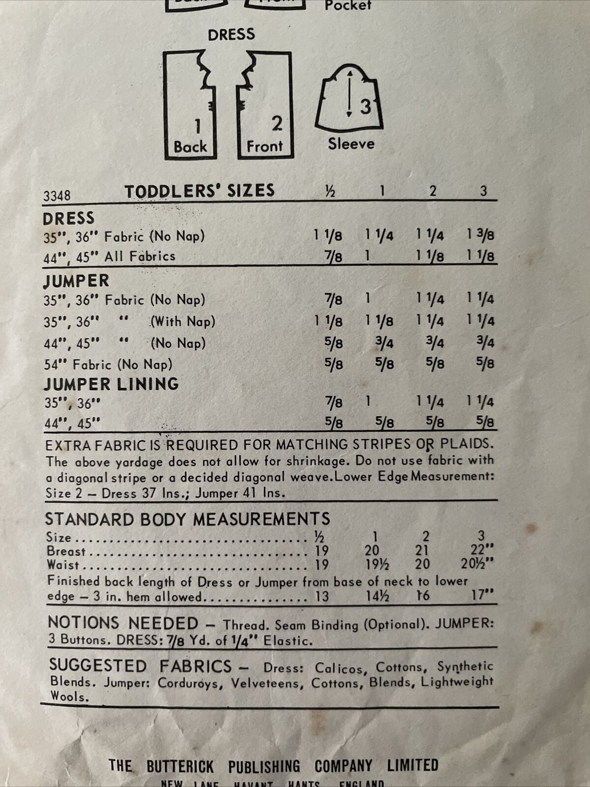 Butterick 3348 Baby Toddler Size 1/2 Dress *