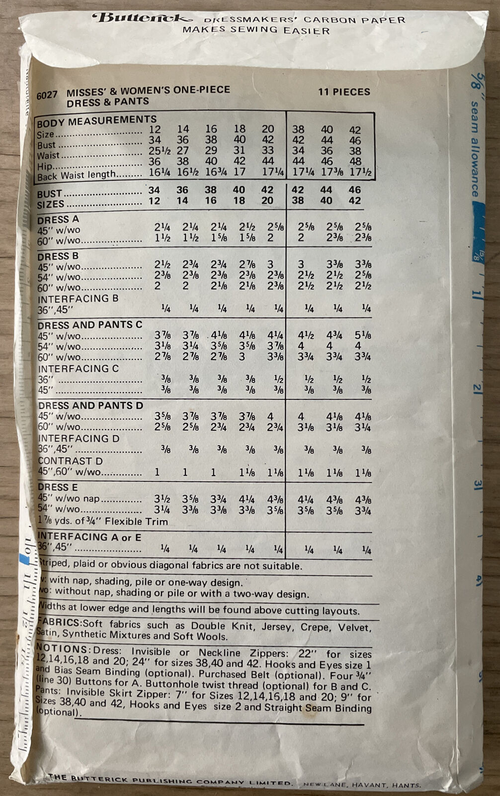 Butterick 6027 Womens Size 16 Dress Tunic Trousers *