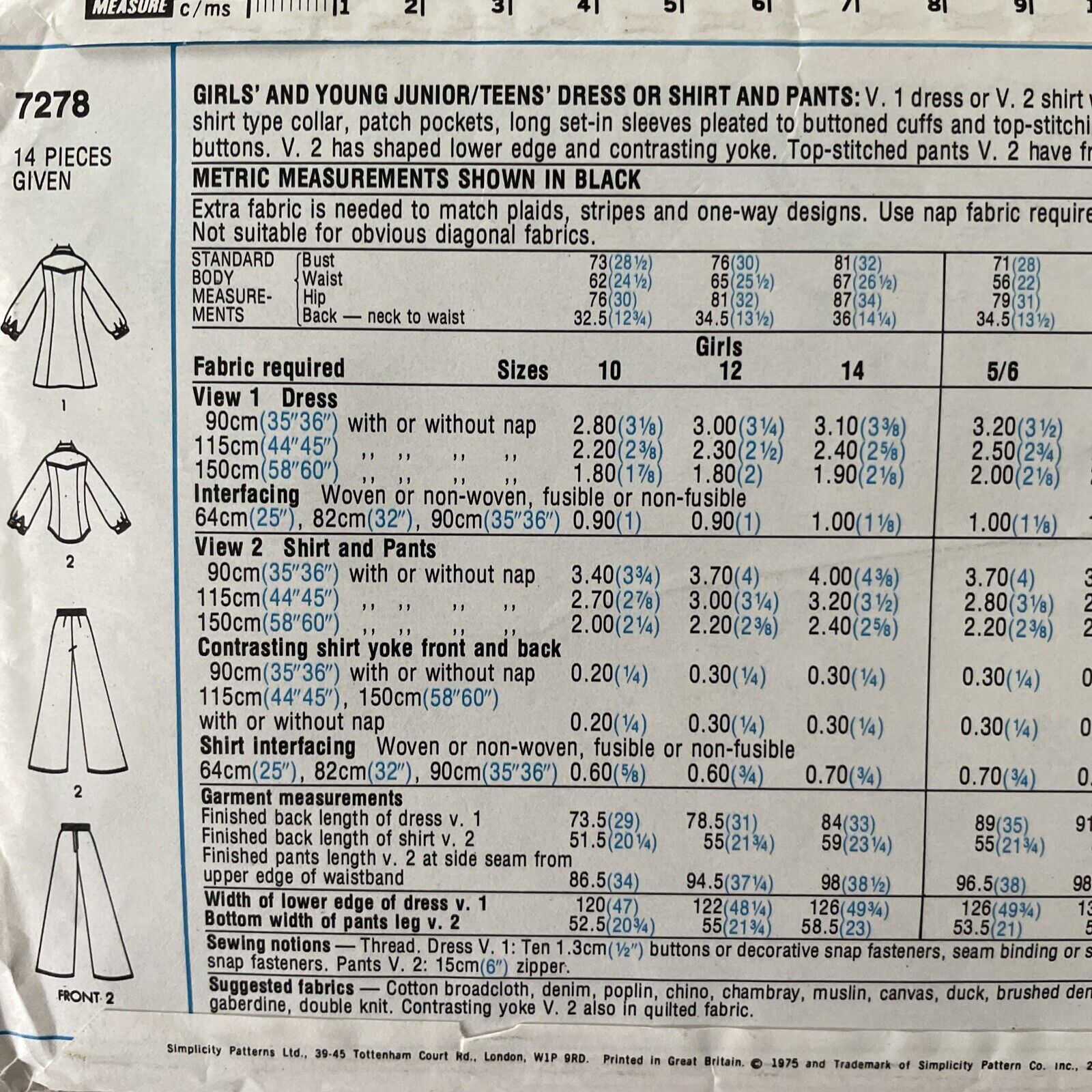 Simplicity 7278 Girl Size 12 Dress Shirt Trousers *