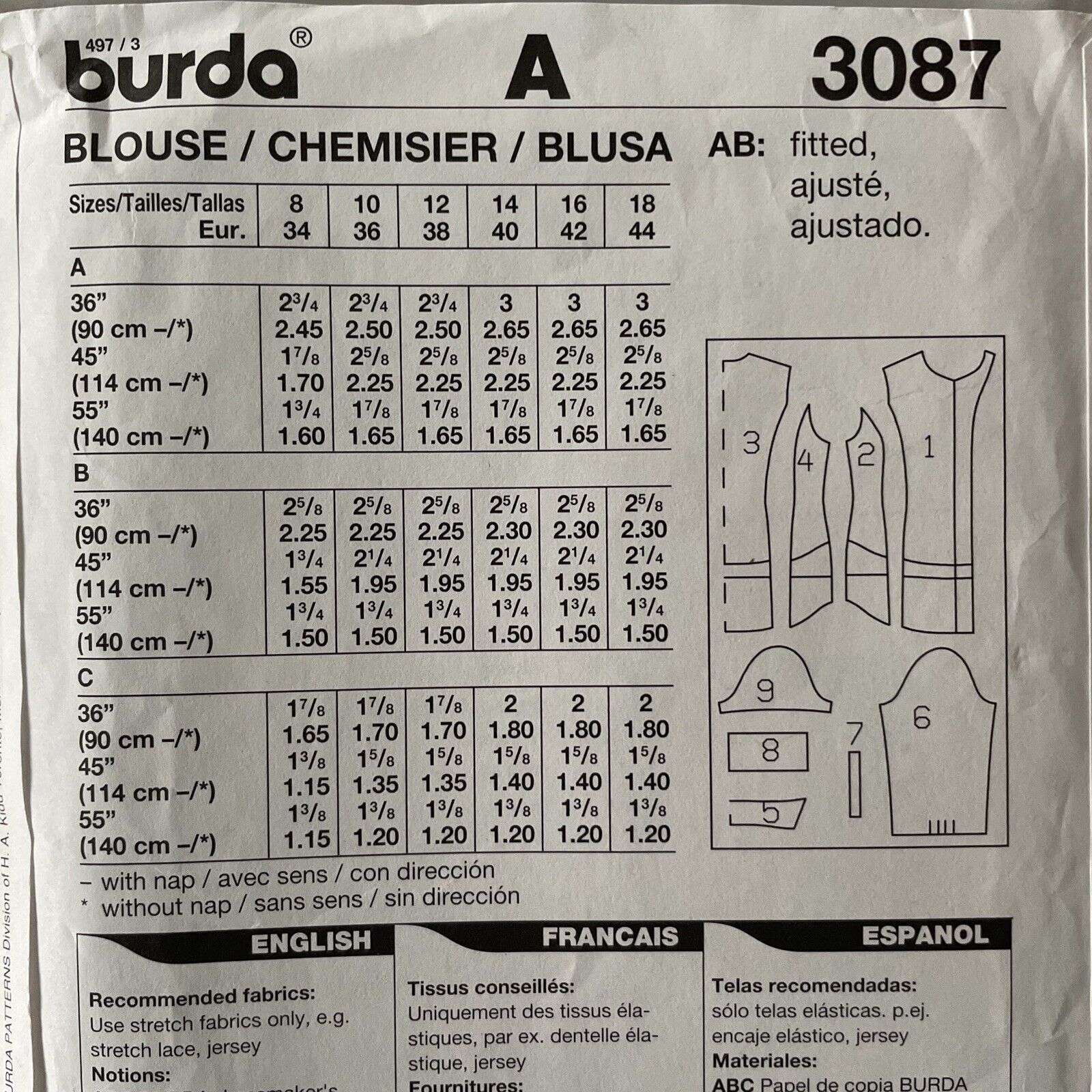 Burda 3087 Womens Size 8-18 Blouse Shirt Top FF *