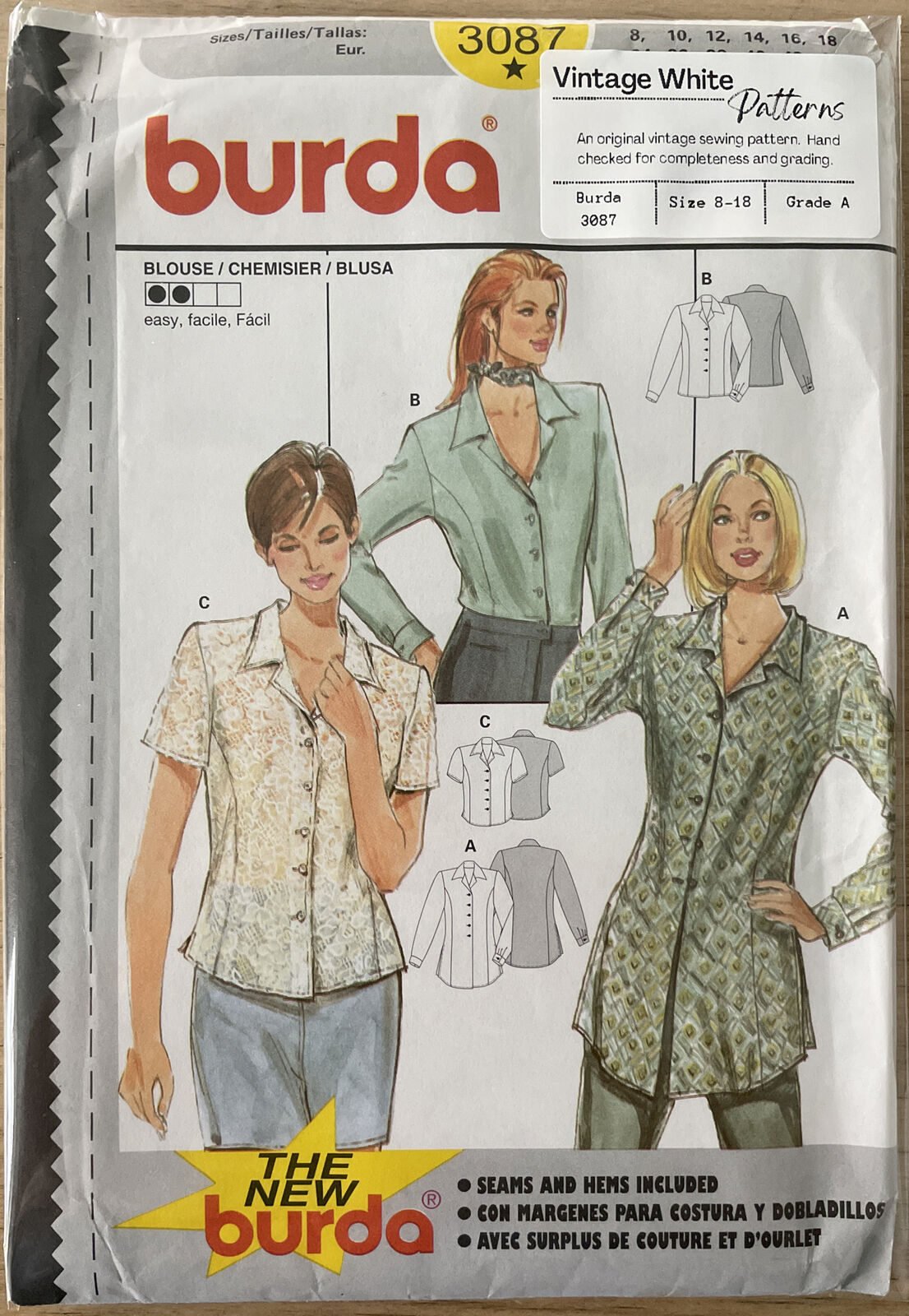 Burda 3087 Womens Size 8-18 Blouse Shirt Top FF *